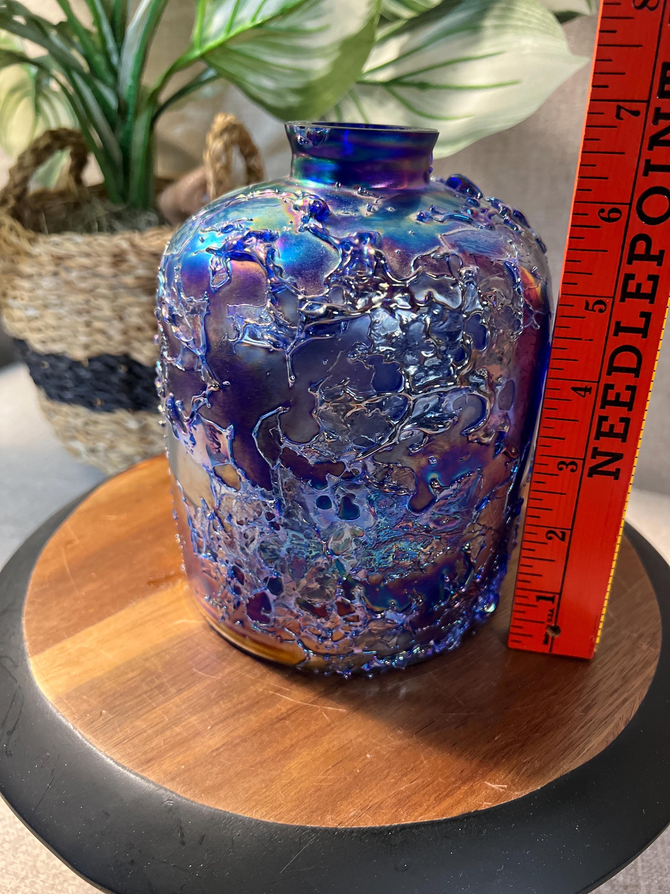 Vintage Irradescent Blue and Purple Raku Fired Glass Vase by Toyo Made In Taiwan