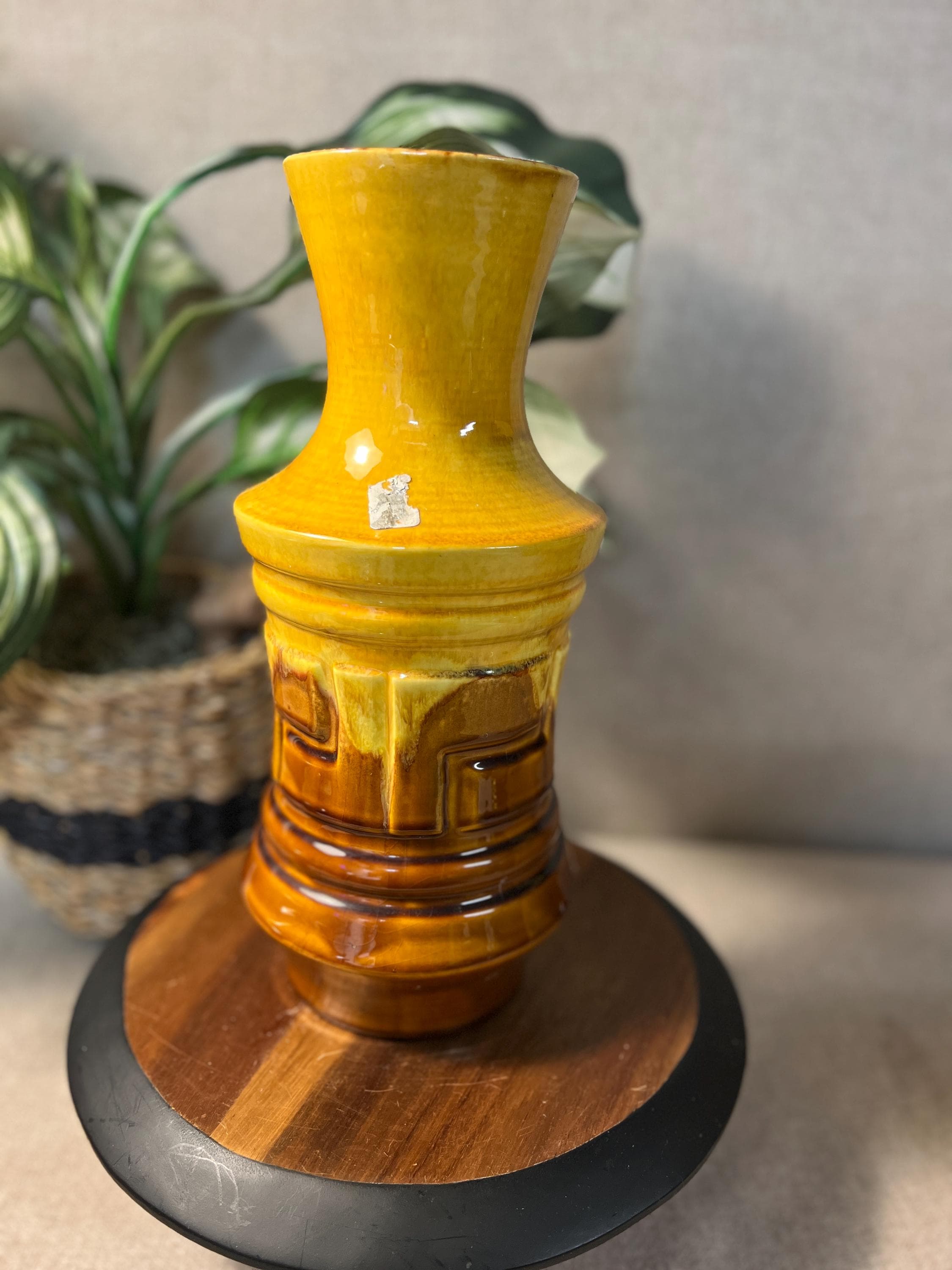 Vintage Royal Haeger Yellow and Brown Drip Glaze Vase