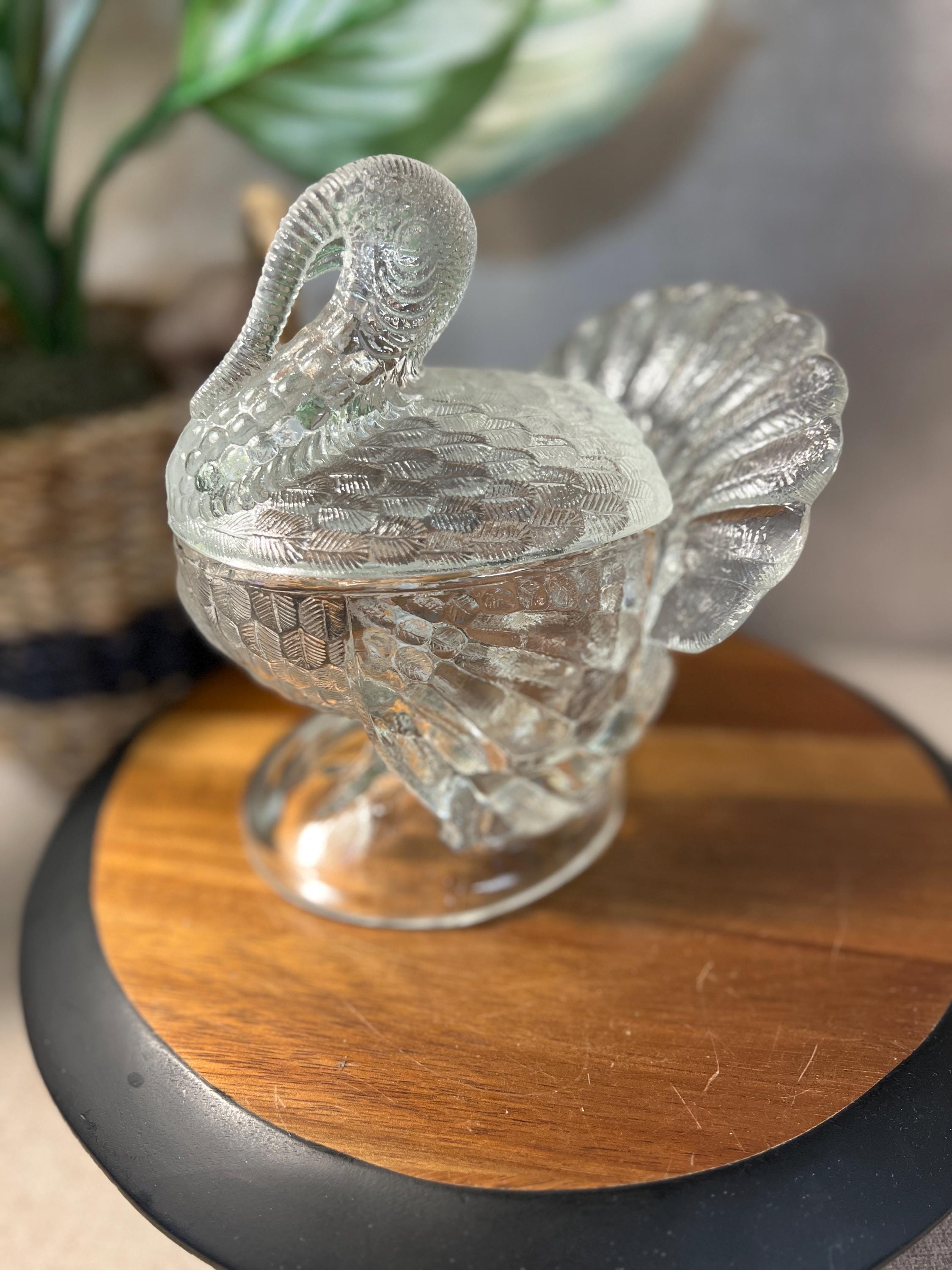 Vintage LE Smith Clear Glass Turkey Covered Candy Dish Bowl Thanksgiving 7.5H