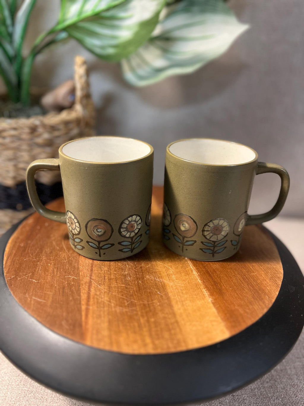Pottery Mug Green Flowers Orange Green Set of 2