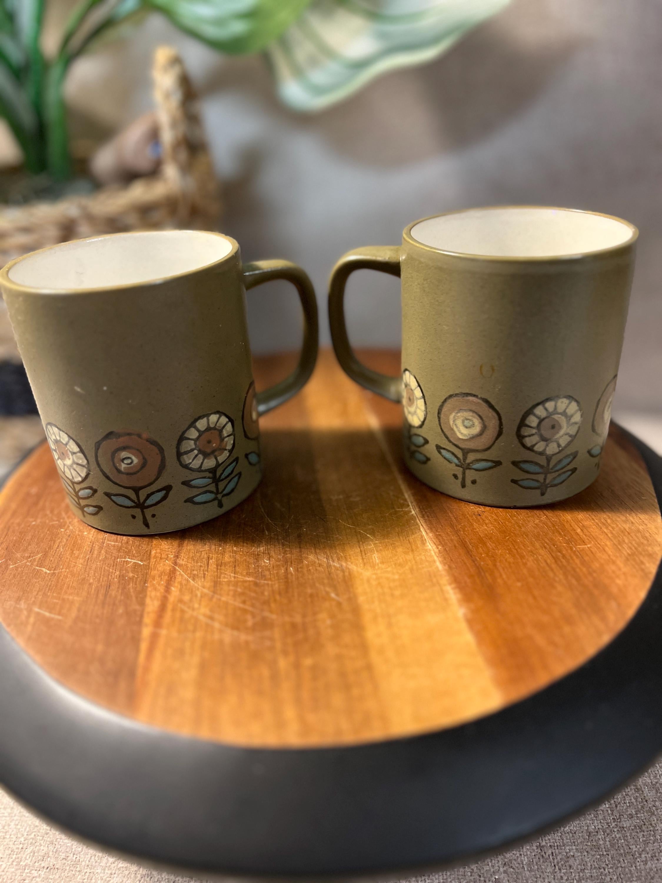 Pottery Mug Green Flowers Orange Green Set of 2