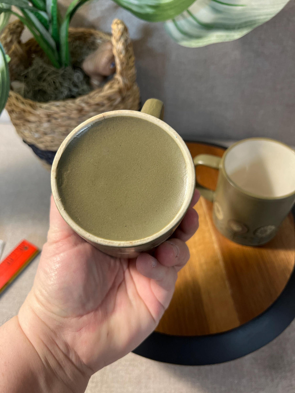Pottery Mug Green Flowers Orange Green Set of 2