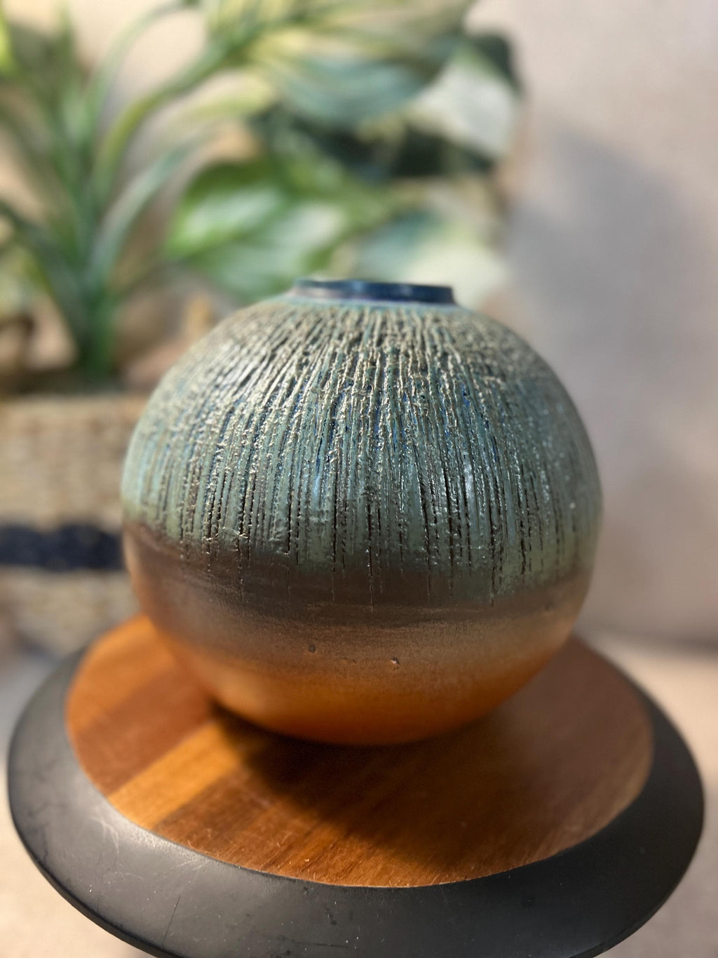 Mid Century Ikebana Vase Pottery TOYO Blue peachy pink Textured Modernist Vintage Japan
