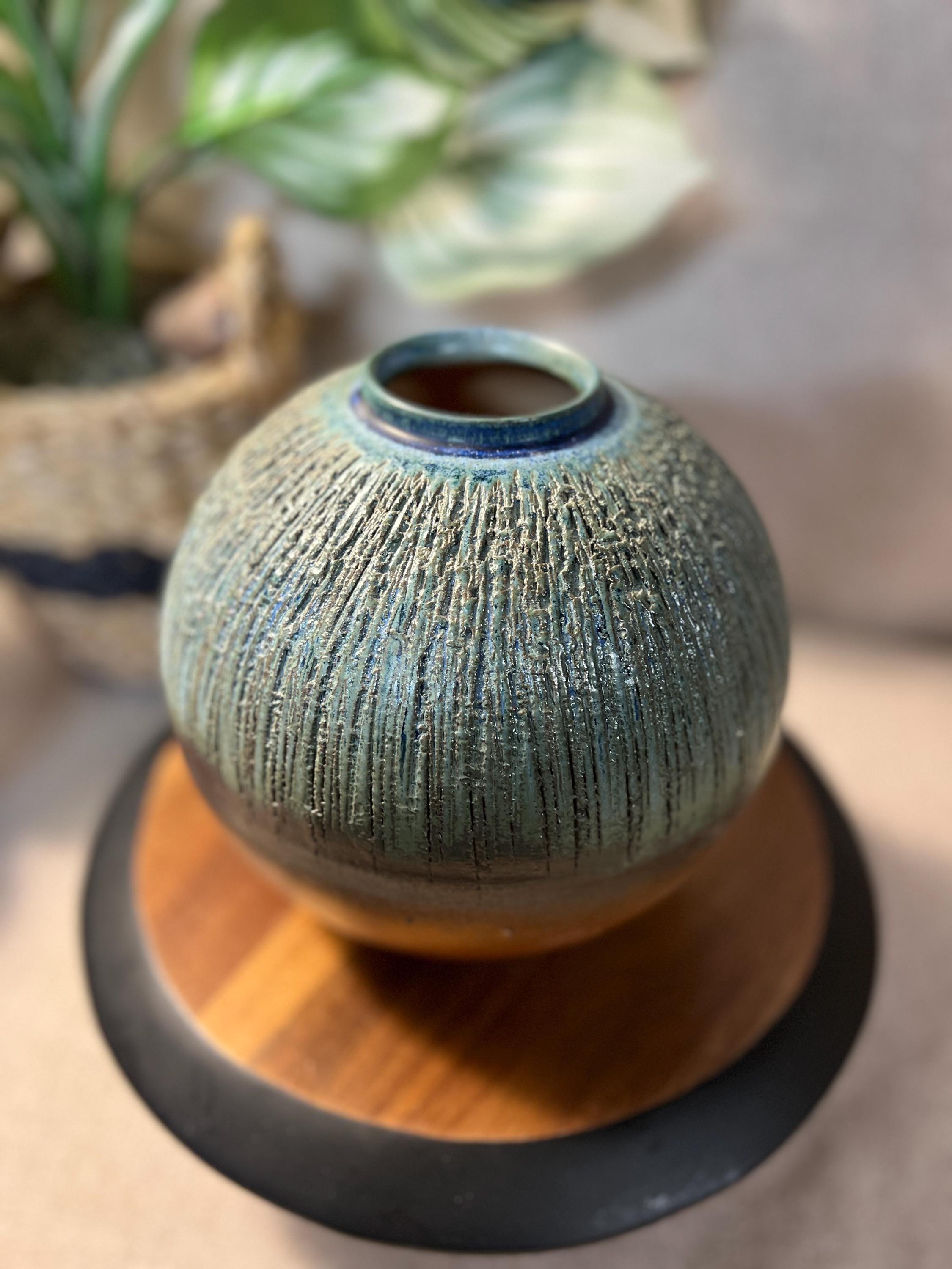 Mid Century Ikebana Vase Pottery TOYO Blue peachy pink Textured Modernist Vintage Japan