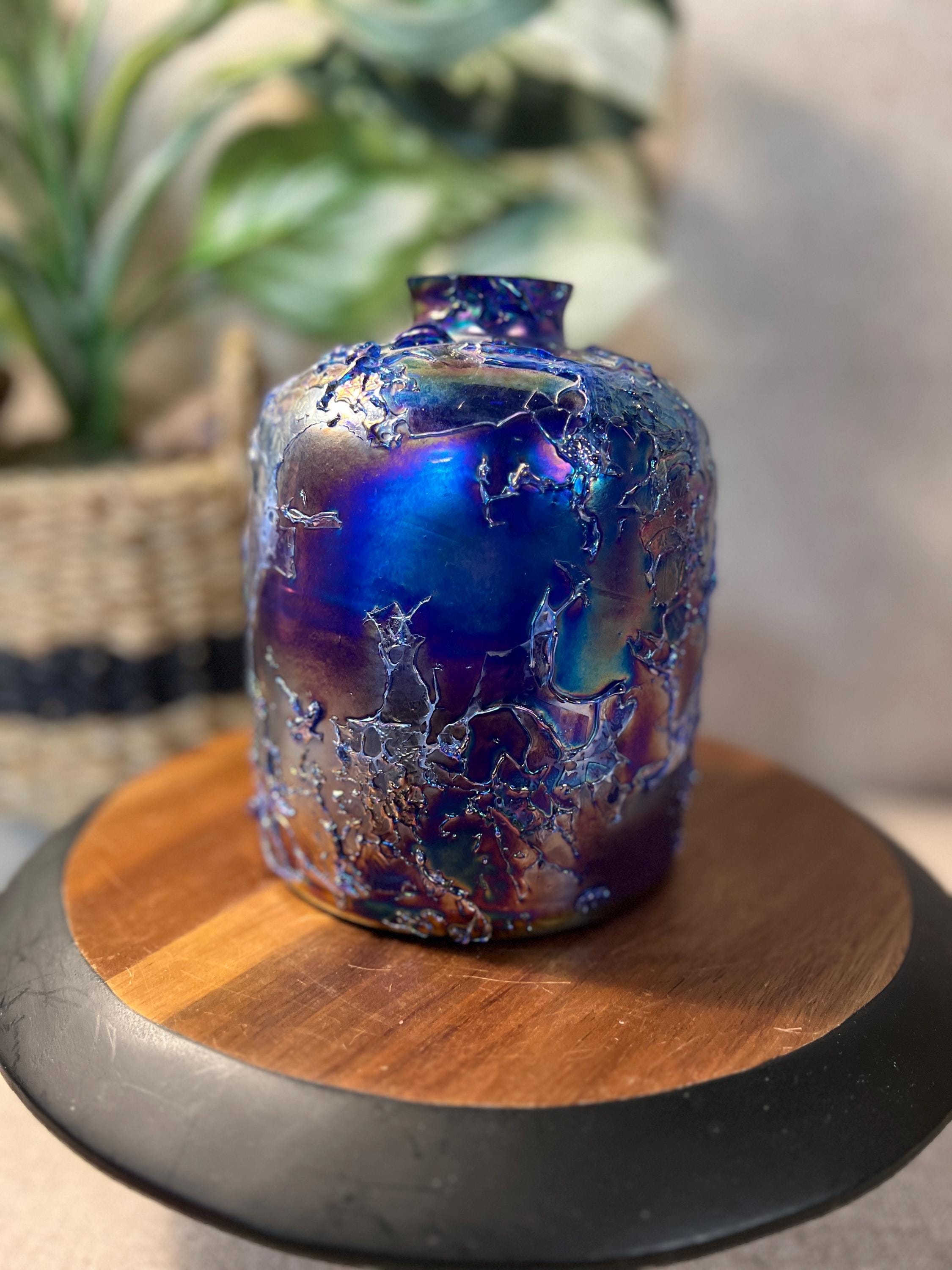 Vintage Irradescent Blue and Purple Raku Fired Glass Vase by Toyo Made In Taiwan