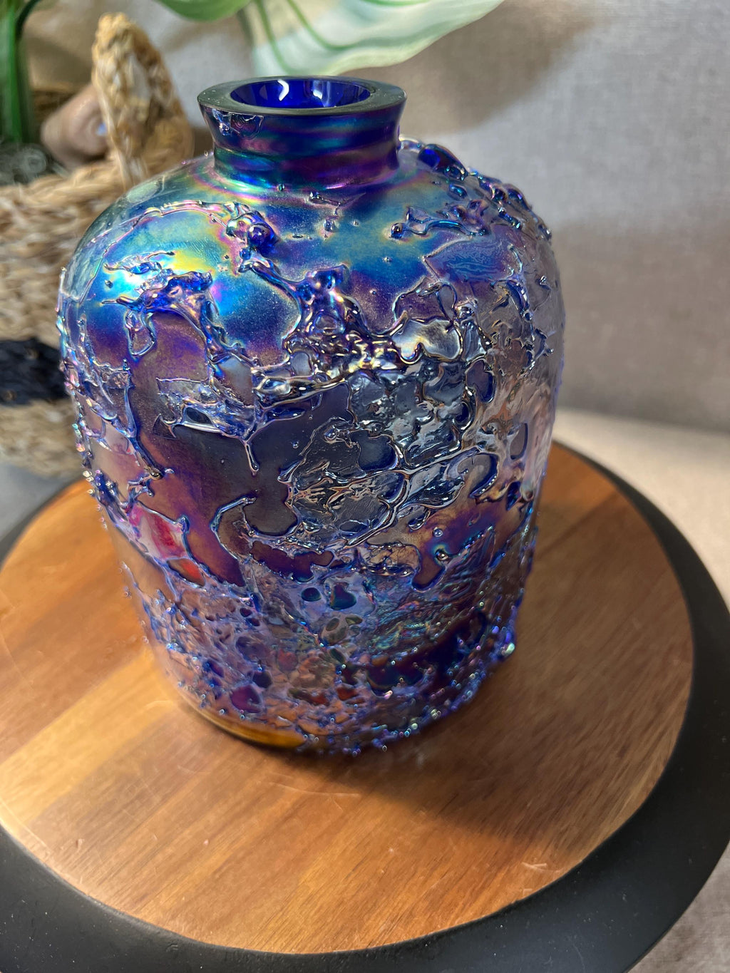 Vintage Irradescent Blue and Purple Raku Fired Glass Vase by Toyo Made In Taiwan