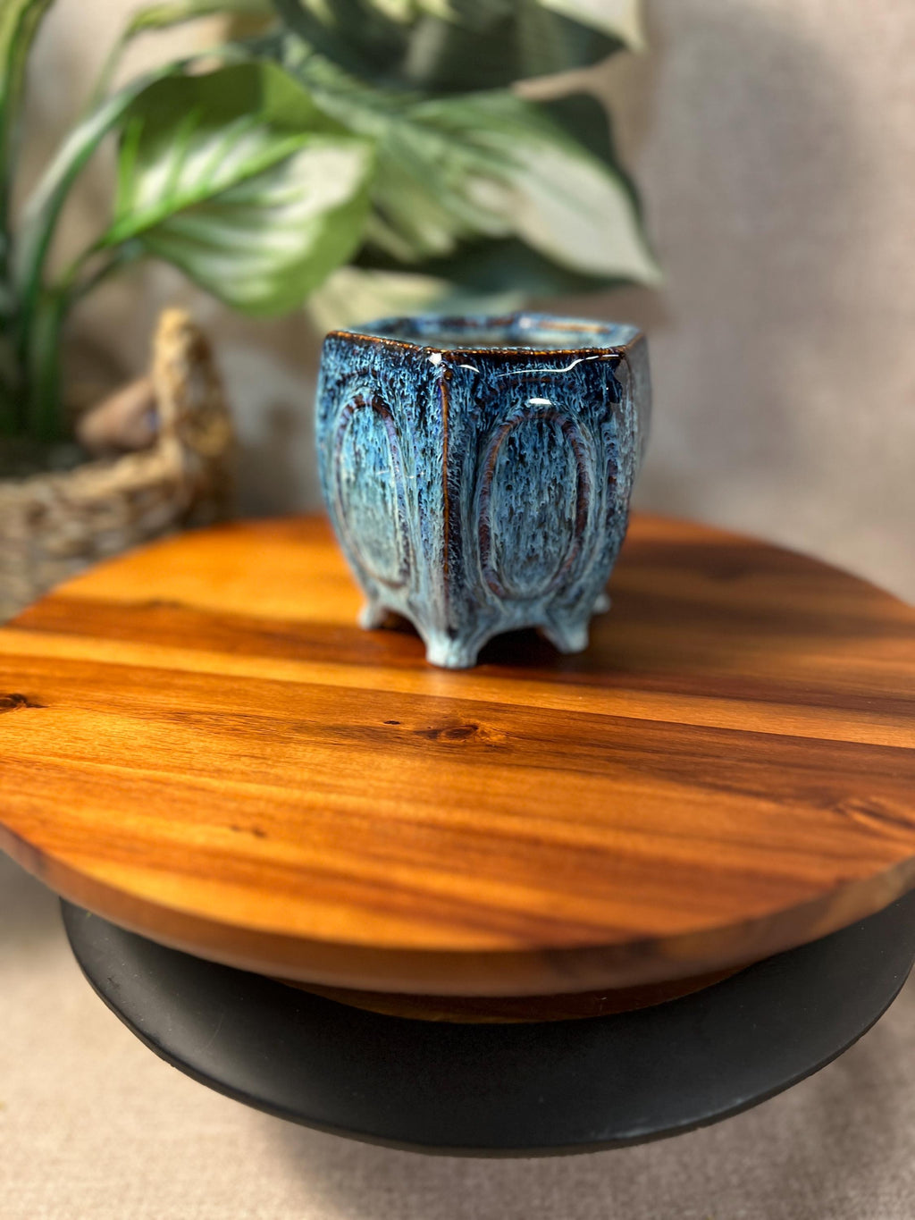 Handmade Ceramin Blue and brown Drip glaze planter