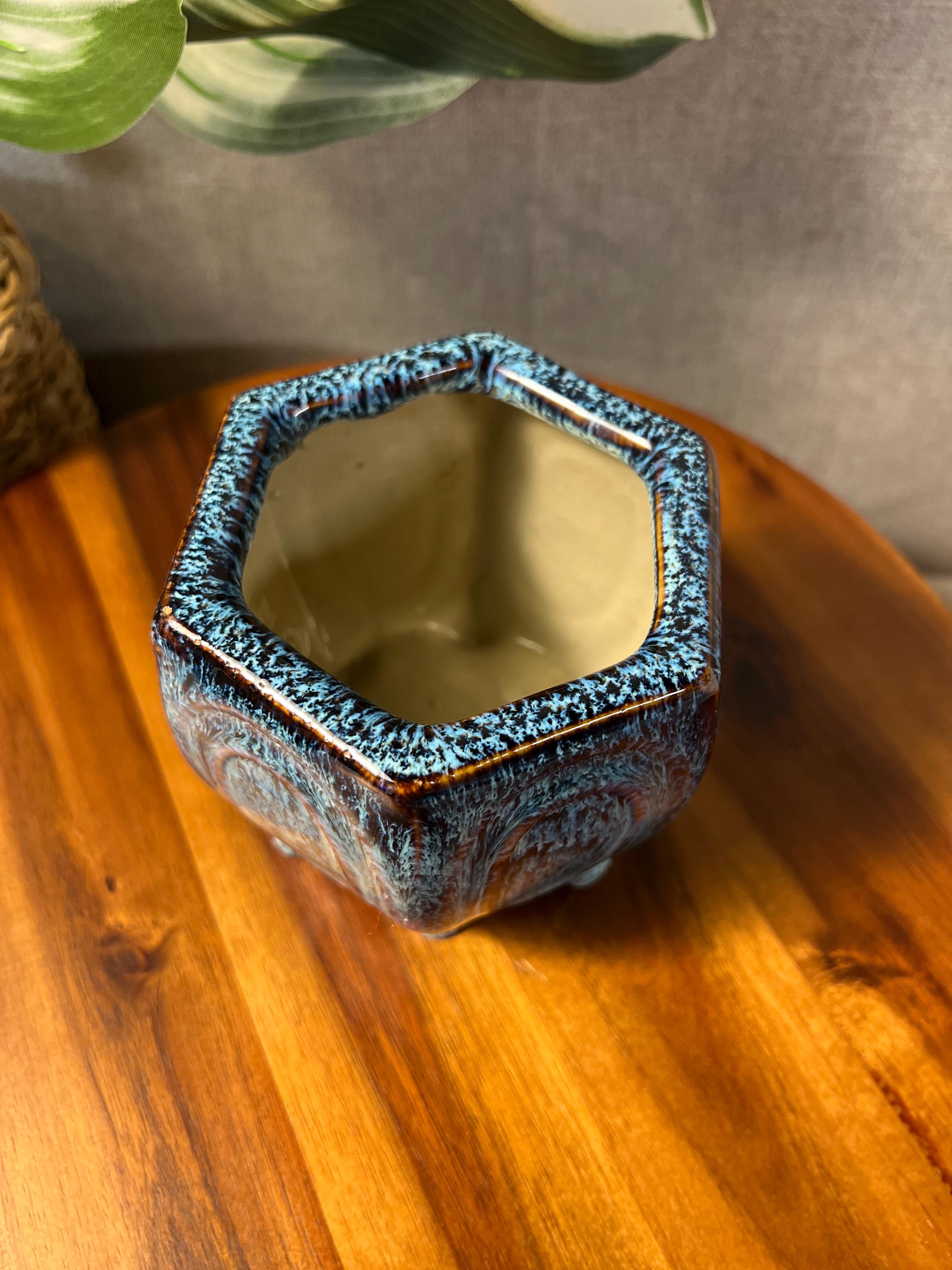 Handmade Ceramin Blue and brown Drip glaze planter