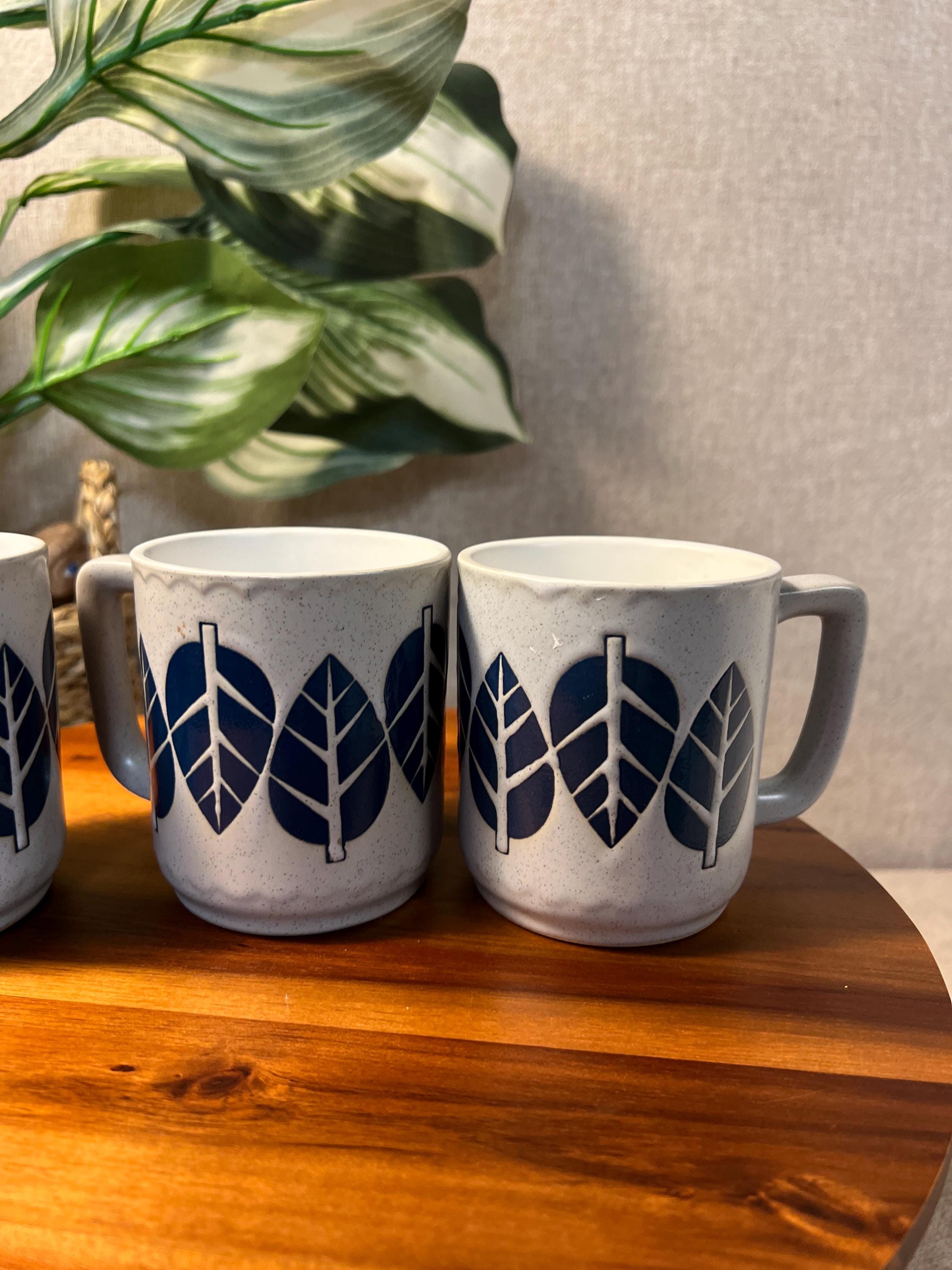 Set of 3 Vintage Mugs with Blue leaves possibly made in Japan