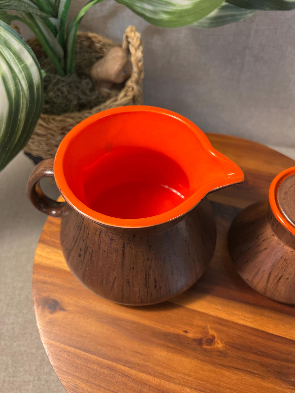 Creamer & Sugar Set Noritake ceramic wood look glaze with orange inside Mcm