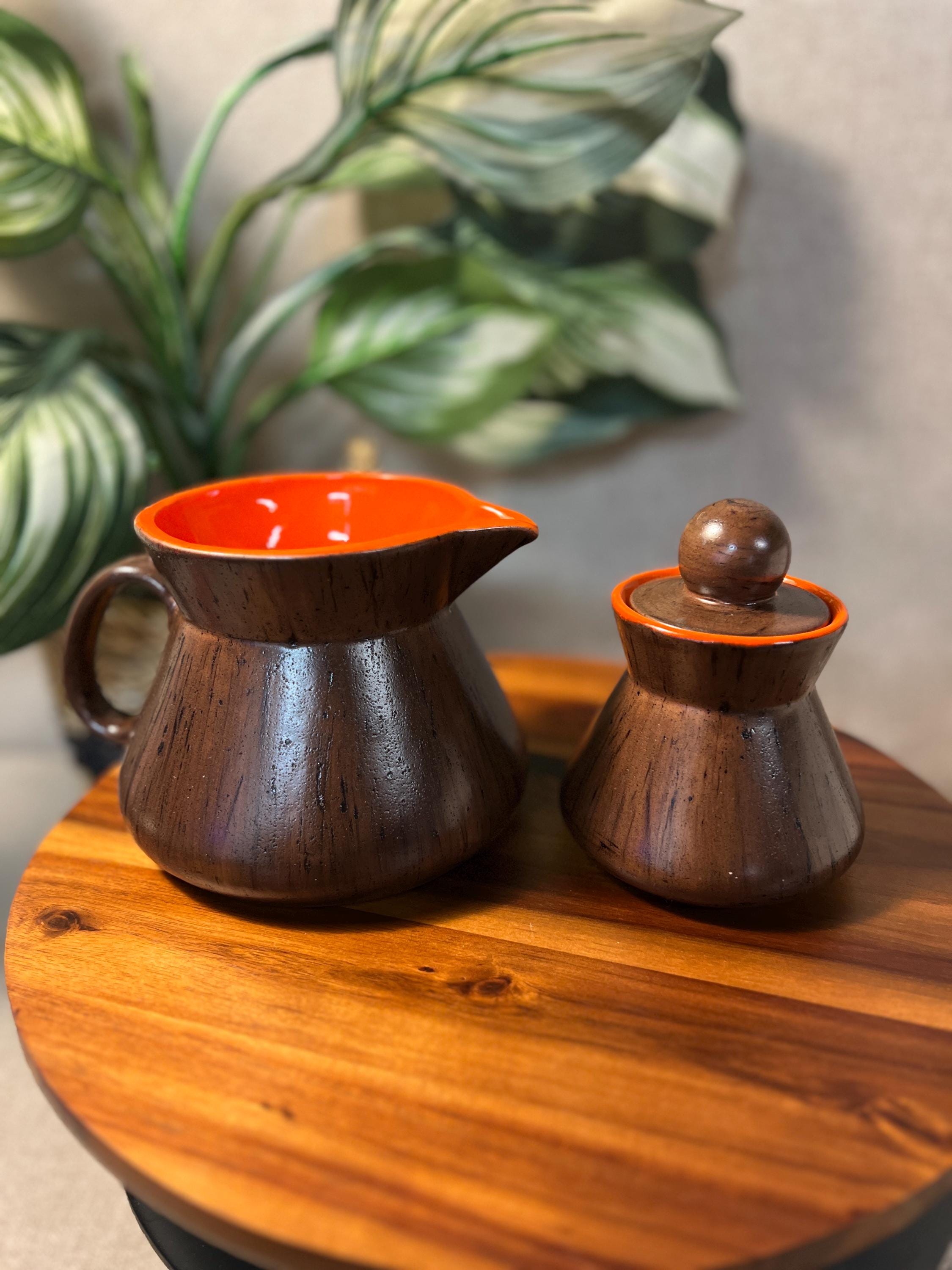 Creamer & Sugar Set Noritake ceramic wood look glaze with orange inside Mcm
