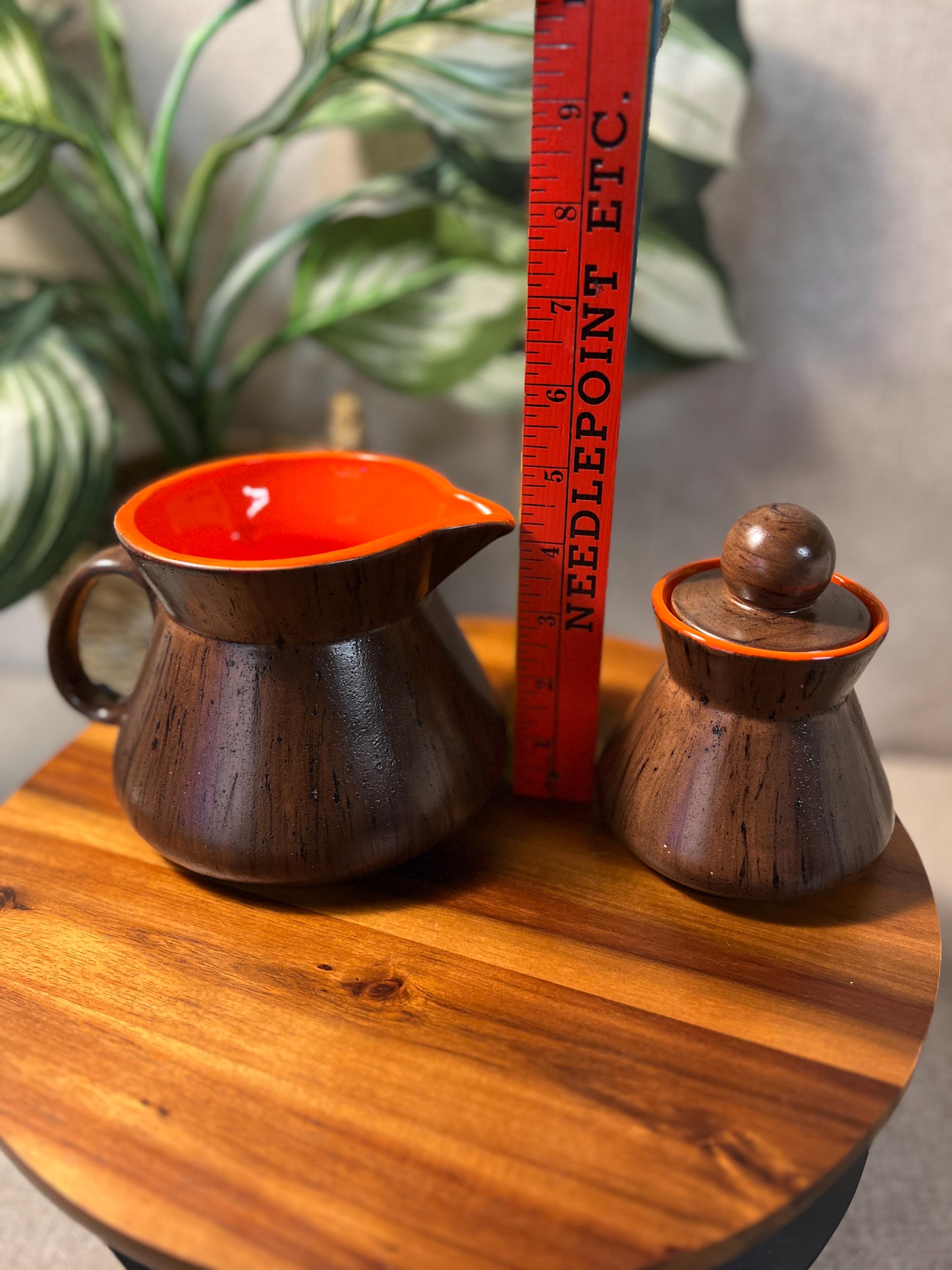 Creamer & Sugar Set Noritake ceramic wood look glaze with orange inside Mcm