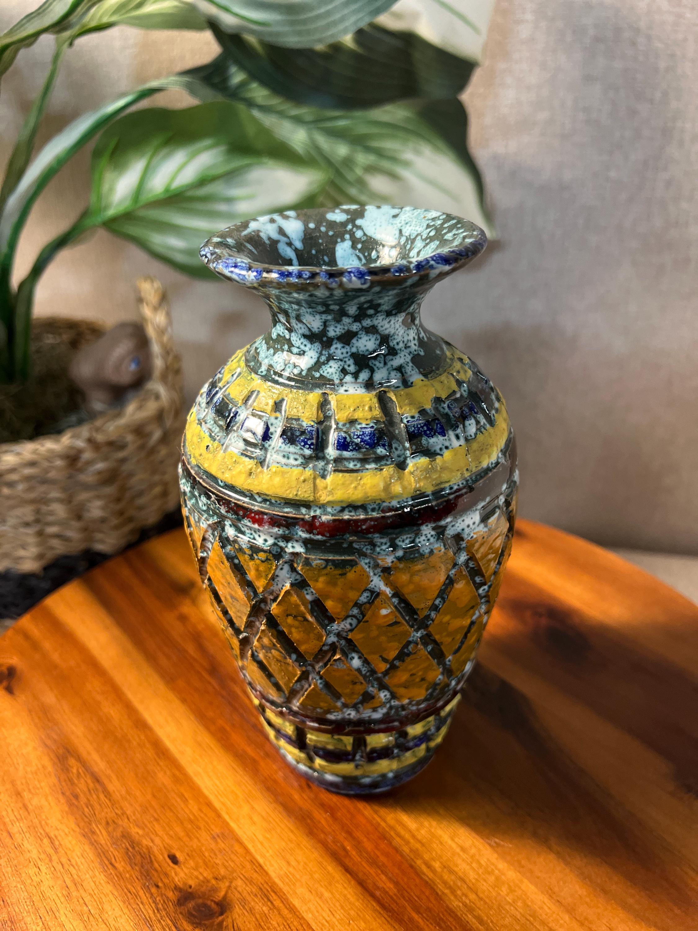 Vintage Italian Florentine Pottery Vase Brown Hand Painted Made In Italy