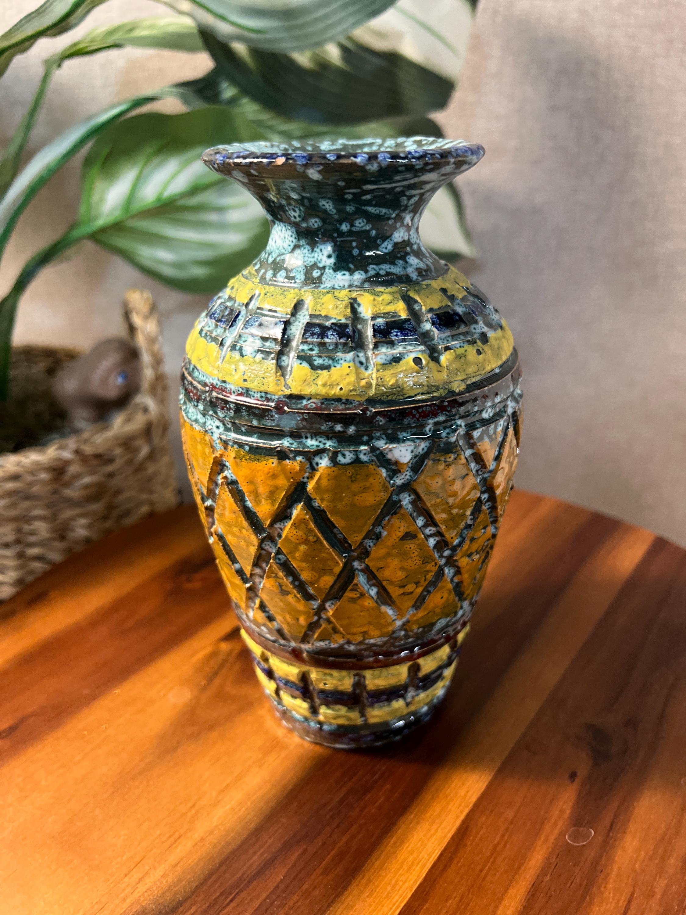 Vintage Italian Florentine Pottery Vase Brown Hand Painted Made In Italy