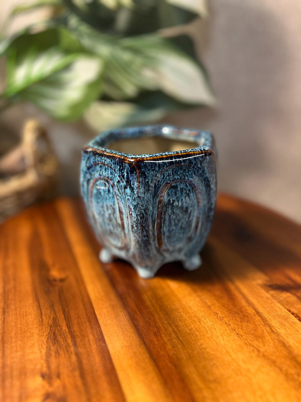 Handmade Ceramin Blue and brown Drip glaze planter