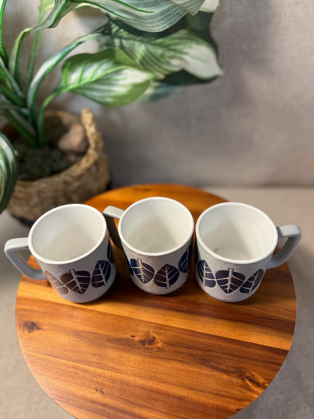 Set of 3 Vintage Mugs with Blue leaves possibly made in Japan