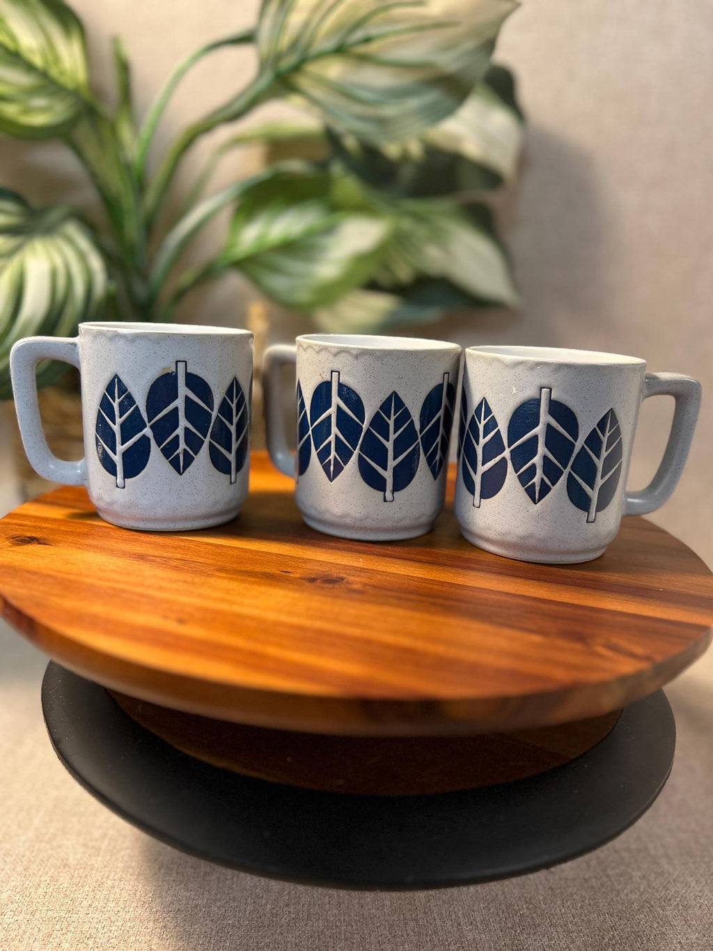 Set of 3 Vintage Mugs with Blue leaves possibly made in Japan