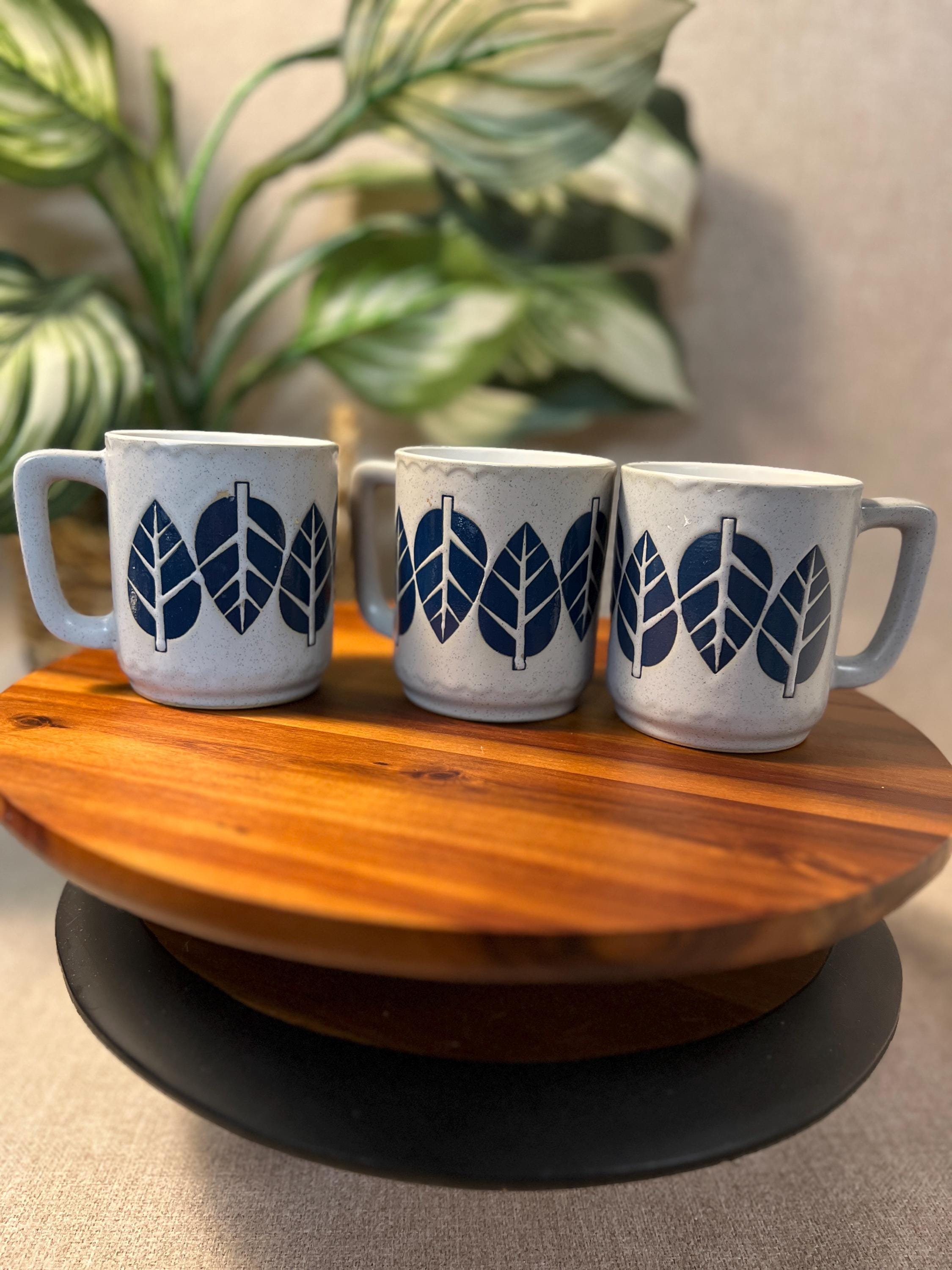 Set of 3 Vintage Mugs with Blue leaves possibly made in Japan