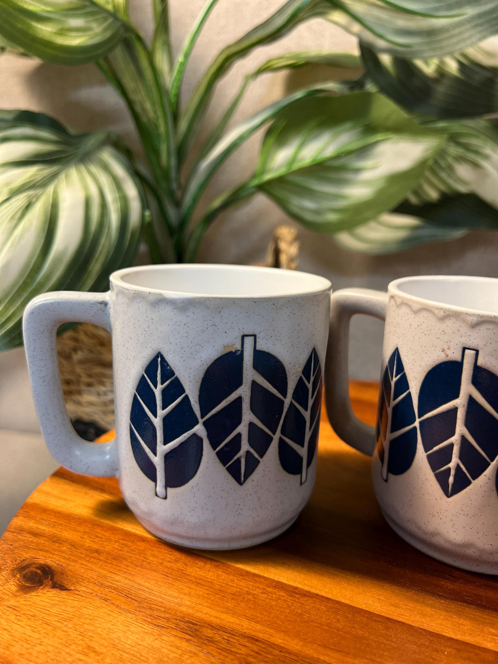 Set of 3 Vintage Mugs with Blue leaves possibly made in Japan