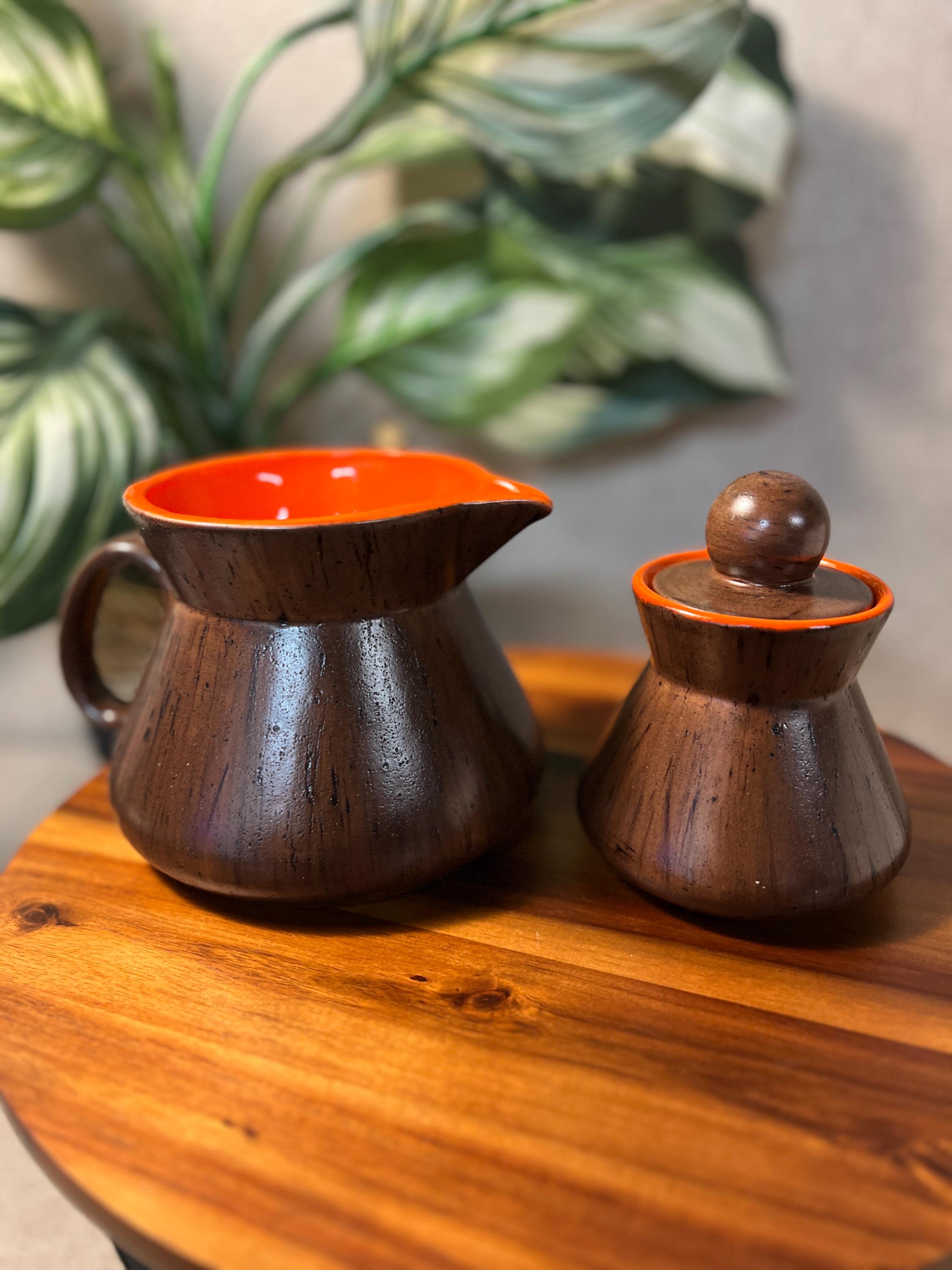 Creamer & Sugar Set Noritake ceramic wood look glaze with orange inside Mcm