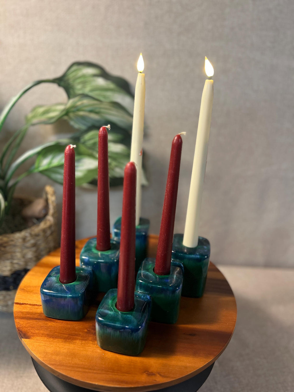 Royal Haeger Pottery Block Candle Holders Green Agate Blue Pair MCM