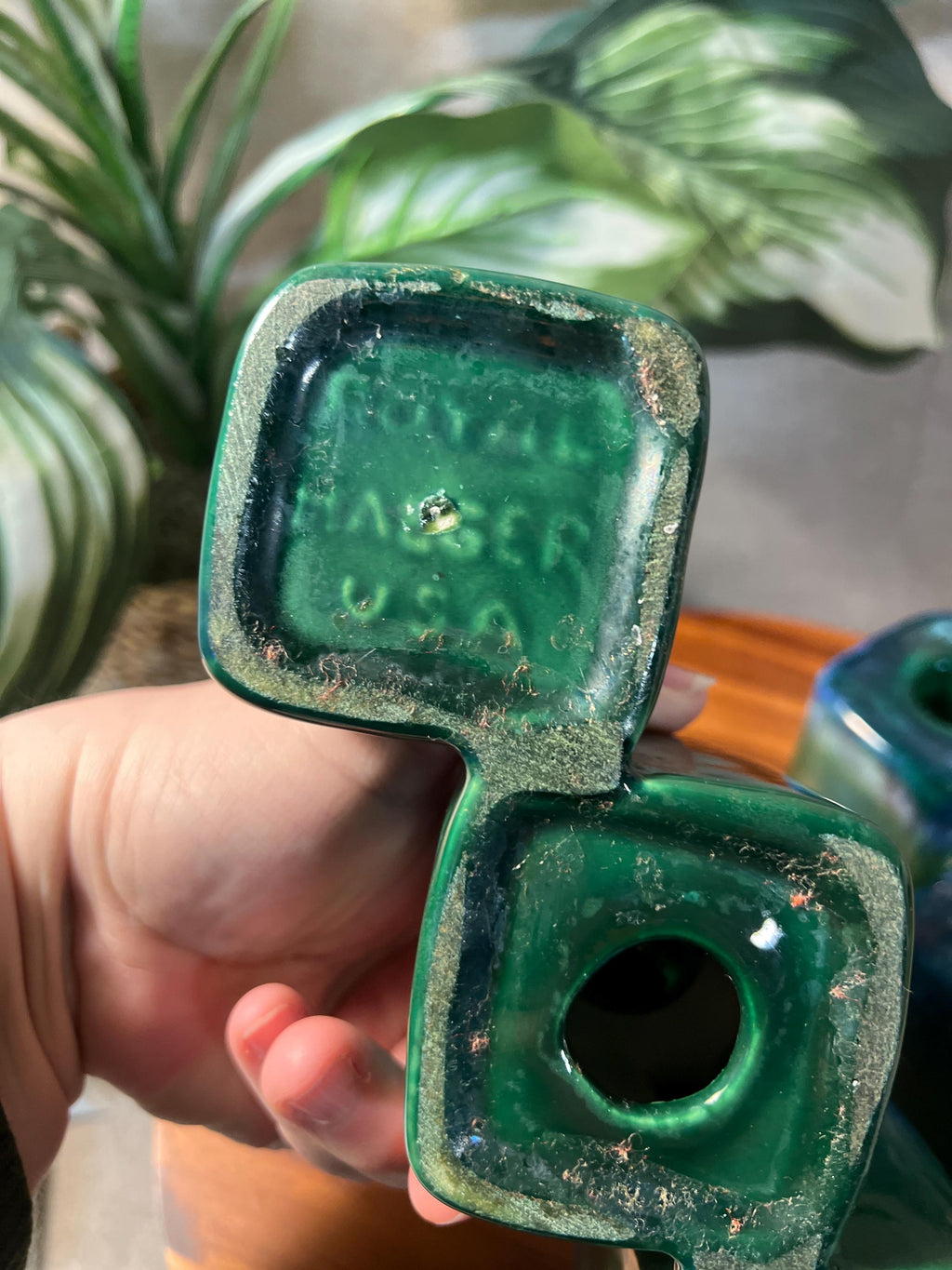 Royal Haeger Pottery Block Candle Holders Green Agate Blue Pair MCM