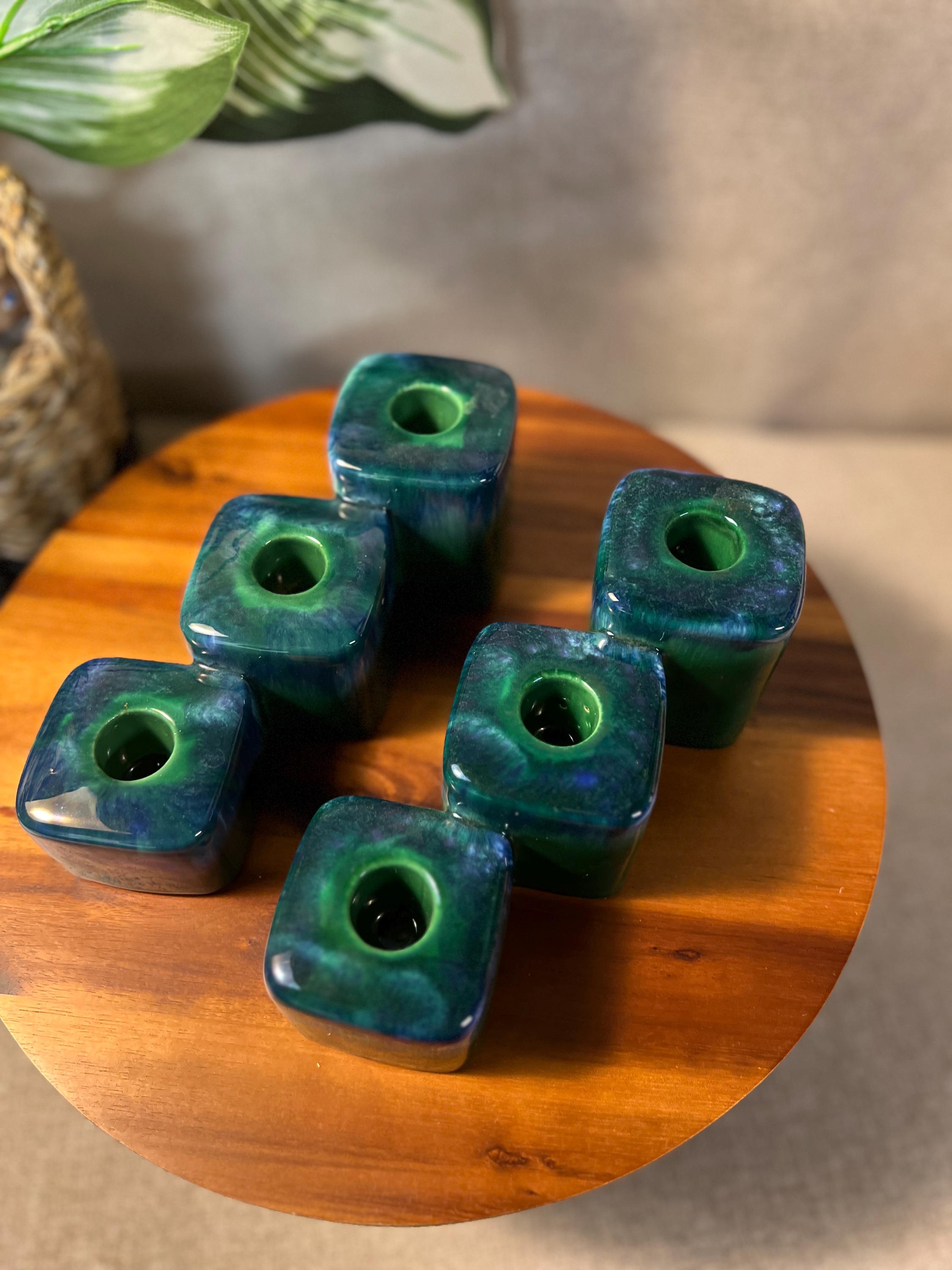 Royal Haeger Pottery Block Candle Holders Green Agate Blue Pair MCM
