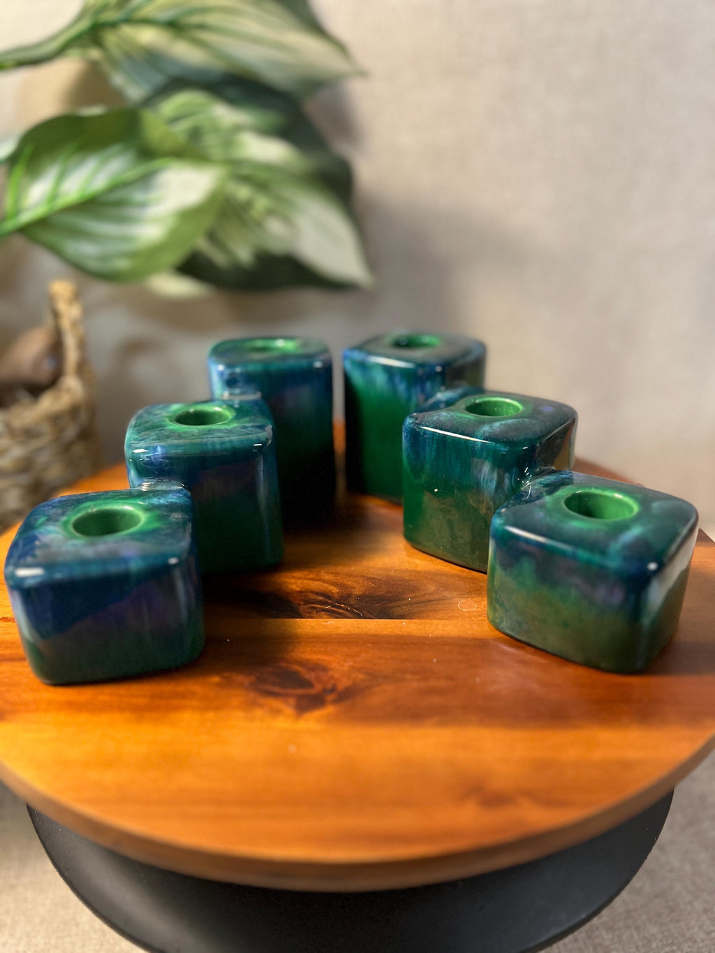 Royal Haeger Pottery Block Candle Holders Green Agate Blue Pair MCM