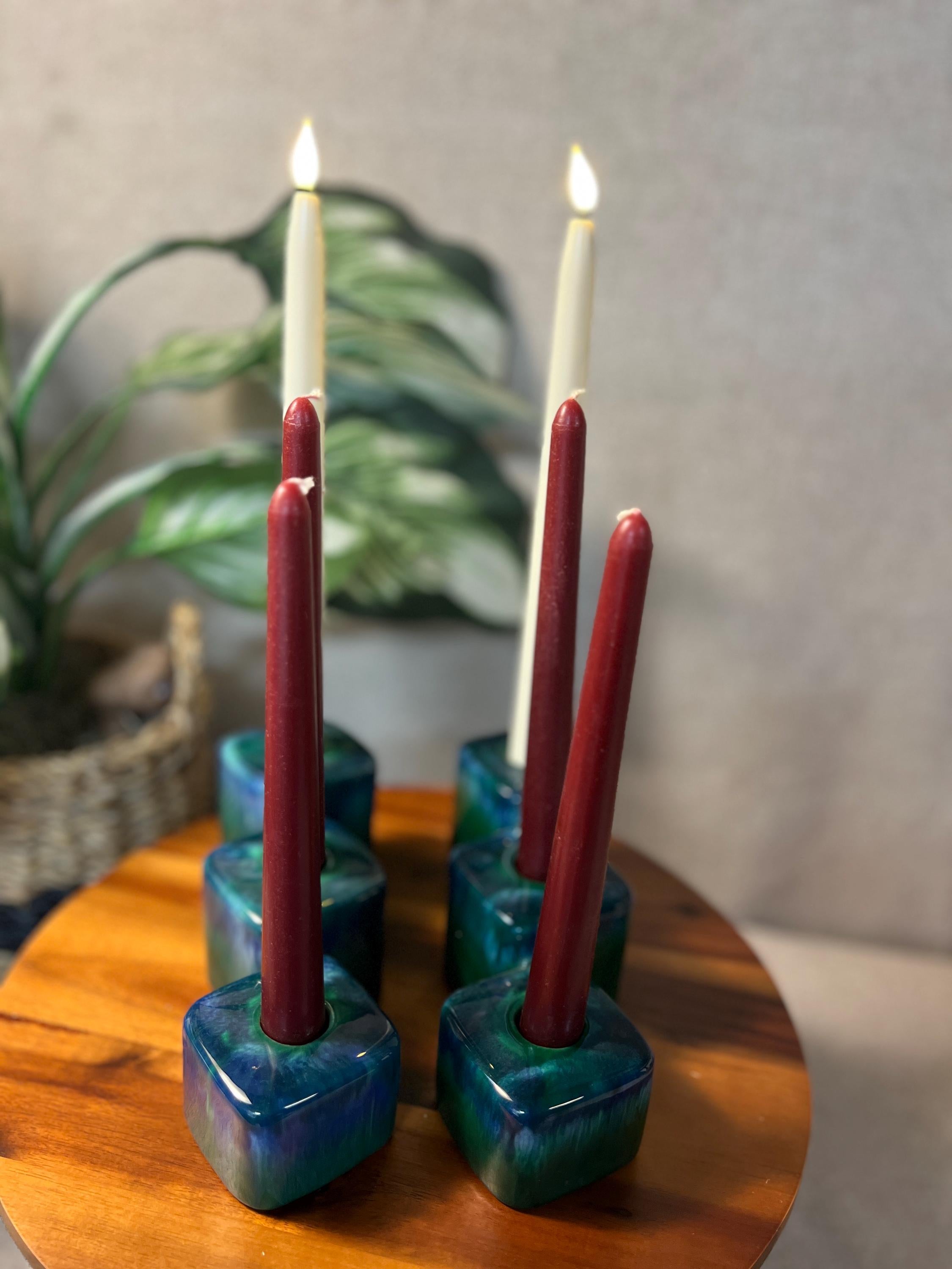 Royal Haeger Pottery Block Candle Holders Green Agate Blue Pair MCM