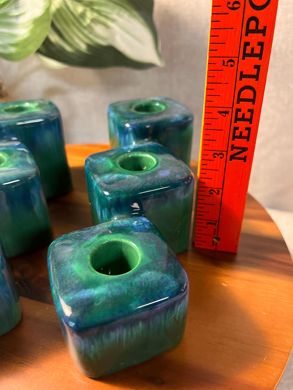 Royal Haeger Pottery Block Candle Holders Green Agate Blue Pair MCM