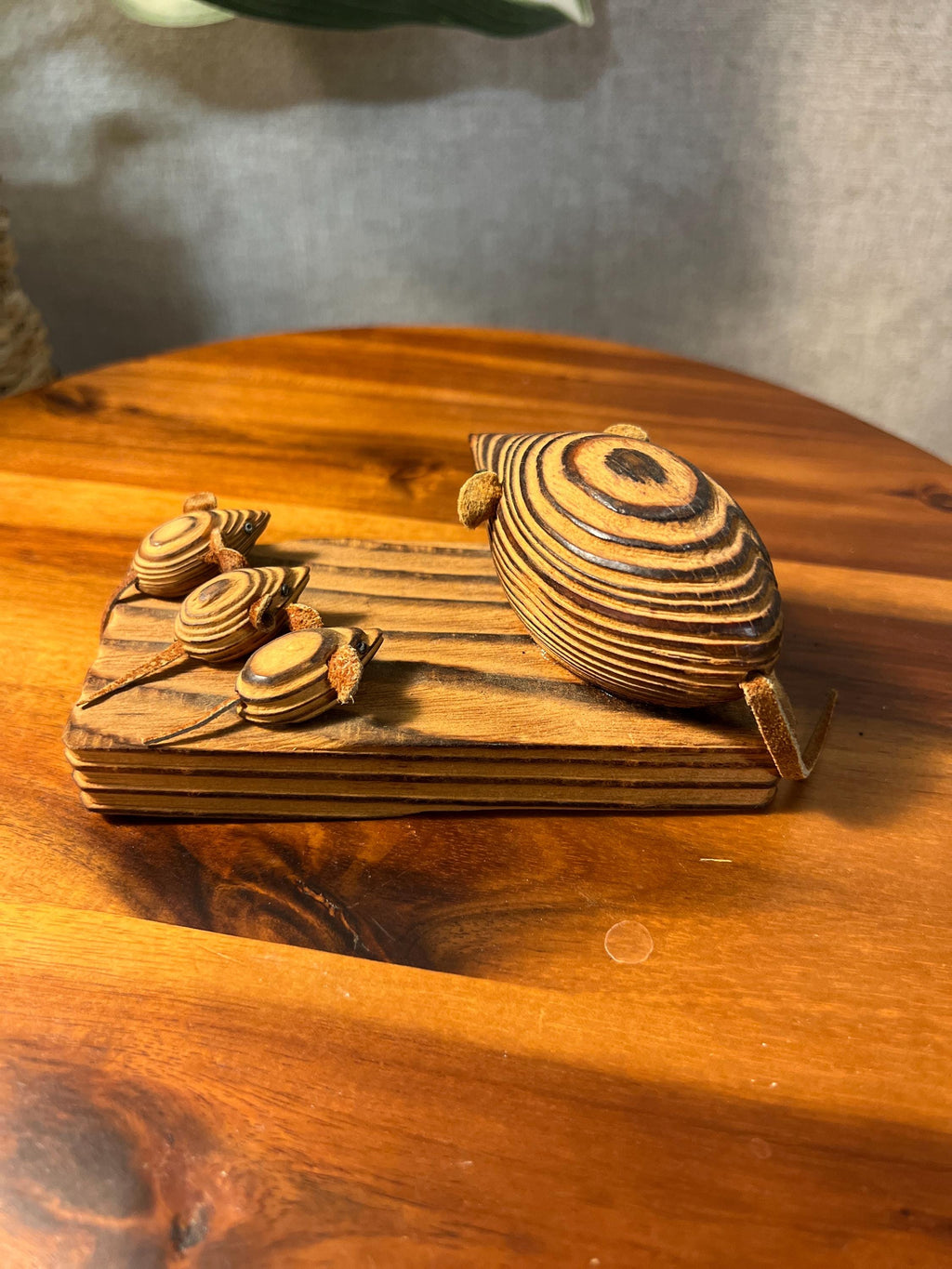 MCM Cryptomeria 2 Mice On Wood Base Figurine Sculpture Leather Ears Tails