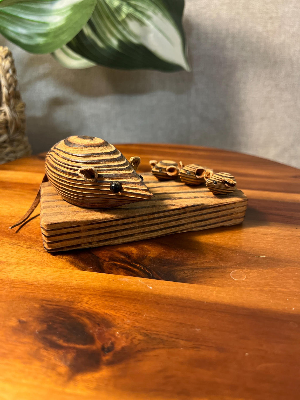MCM Cryptomeria 2 Mice On Wood Base Figurine Sculpture Leather Ears Tails
