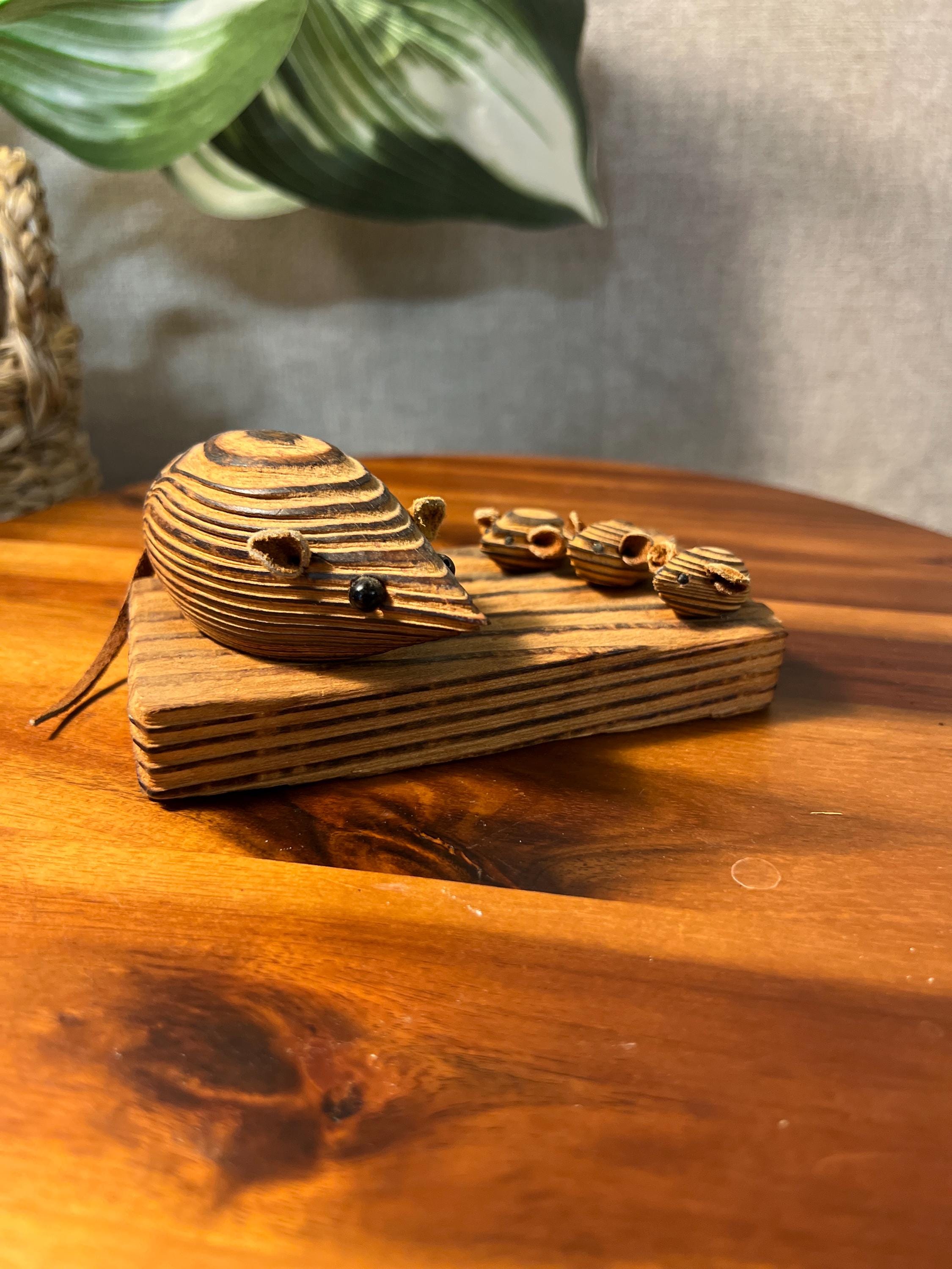MCM Cryptomeria 2 Mice On Wood Base Figurine Sculpture Leather Ears Tails