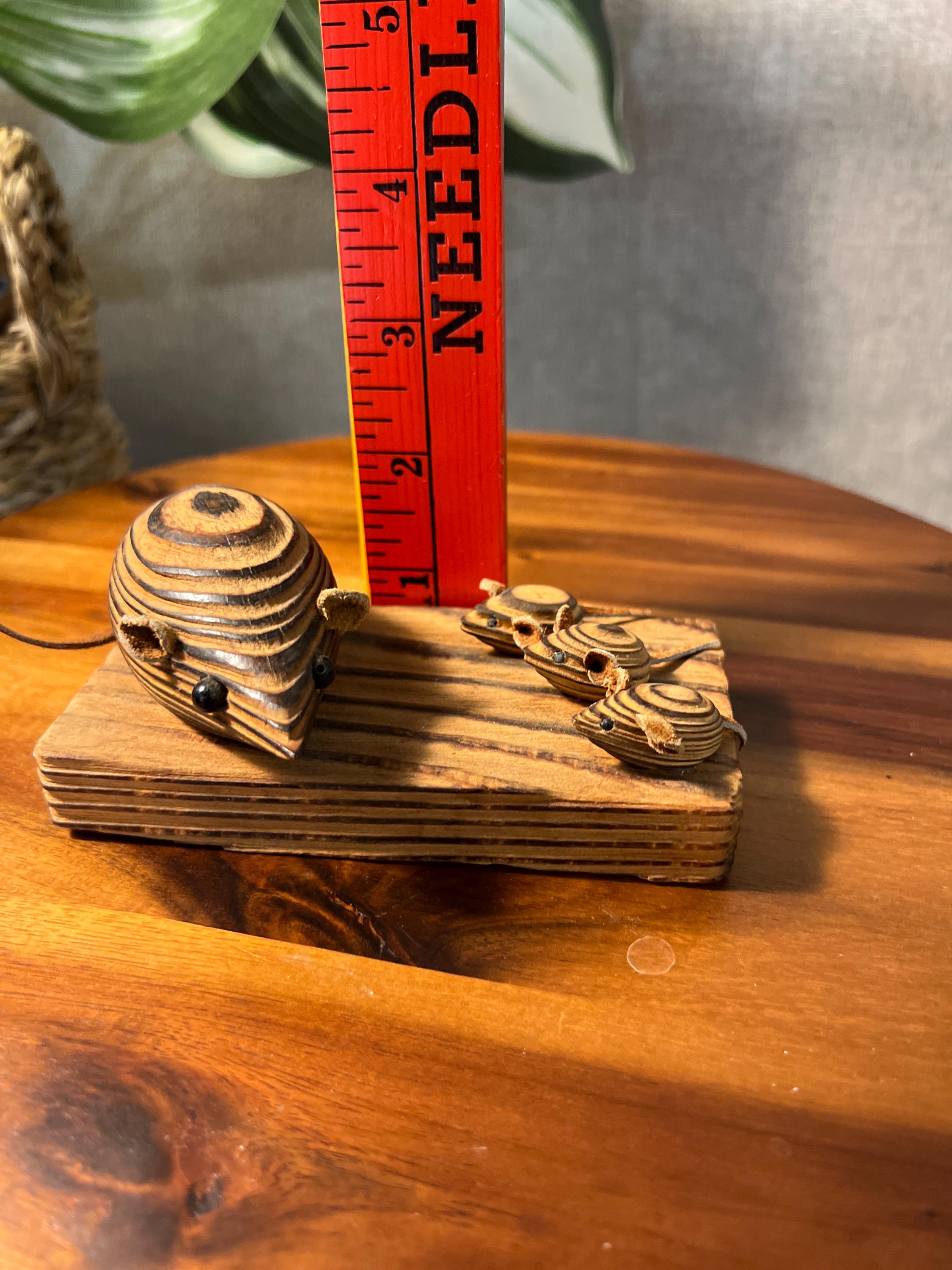 MCM Cryptomeria 2 Mice On Wood Base Figurine Sculpture Leather Ears Tails