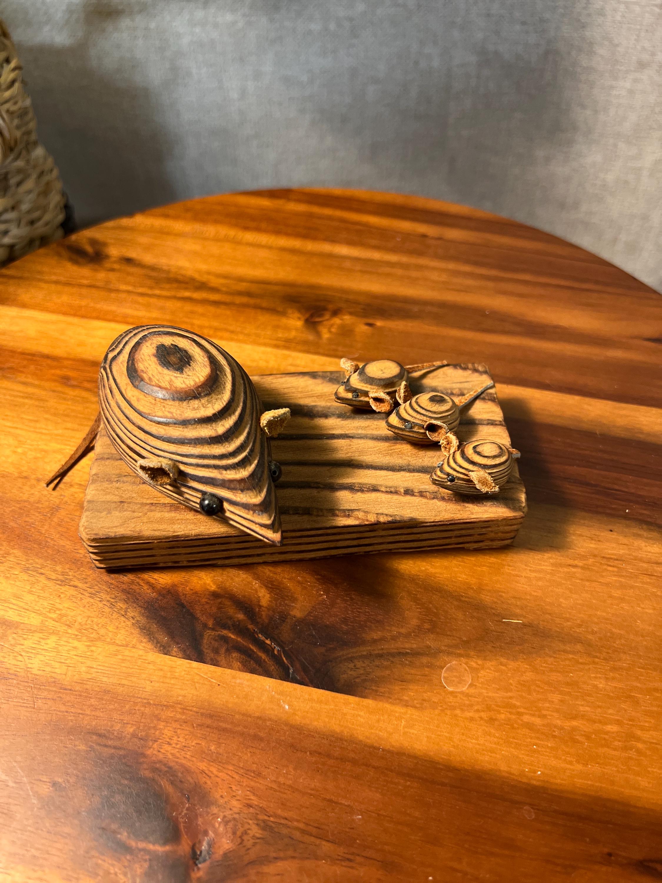 MCM Cryptomeria 2 Mice On Wood Base Figurine Sculpture Leather Ears Tails