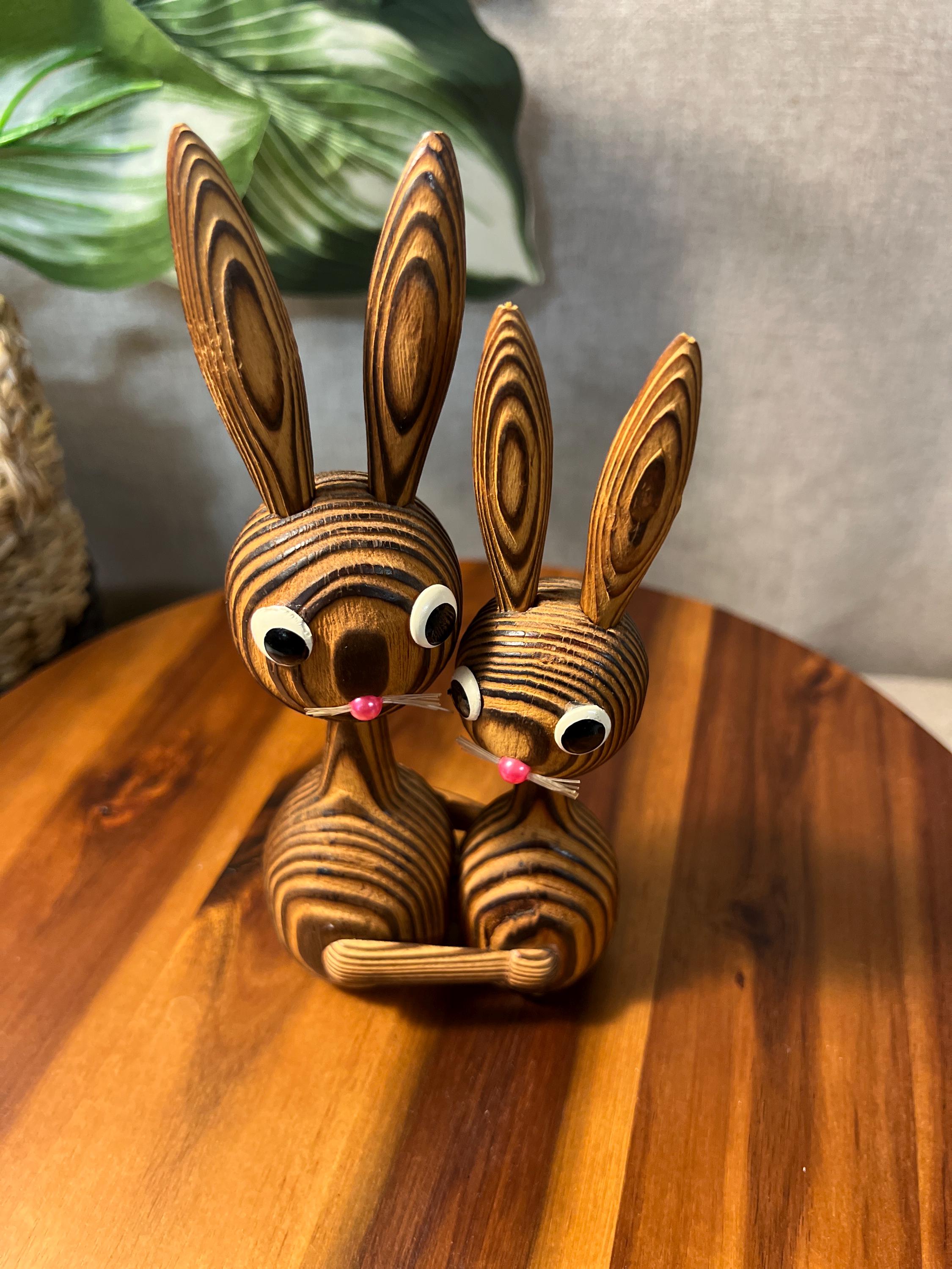 MCM Cryptomeria 2 Rabbits Wood Sculpture Hugging