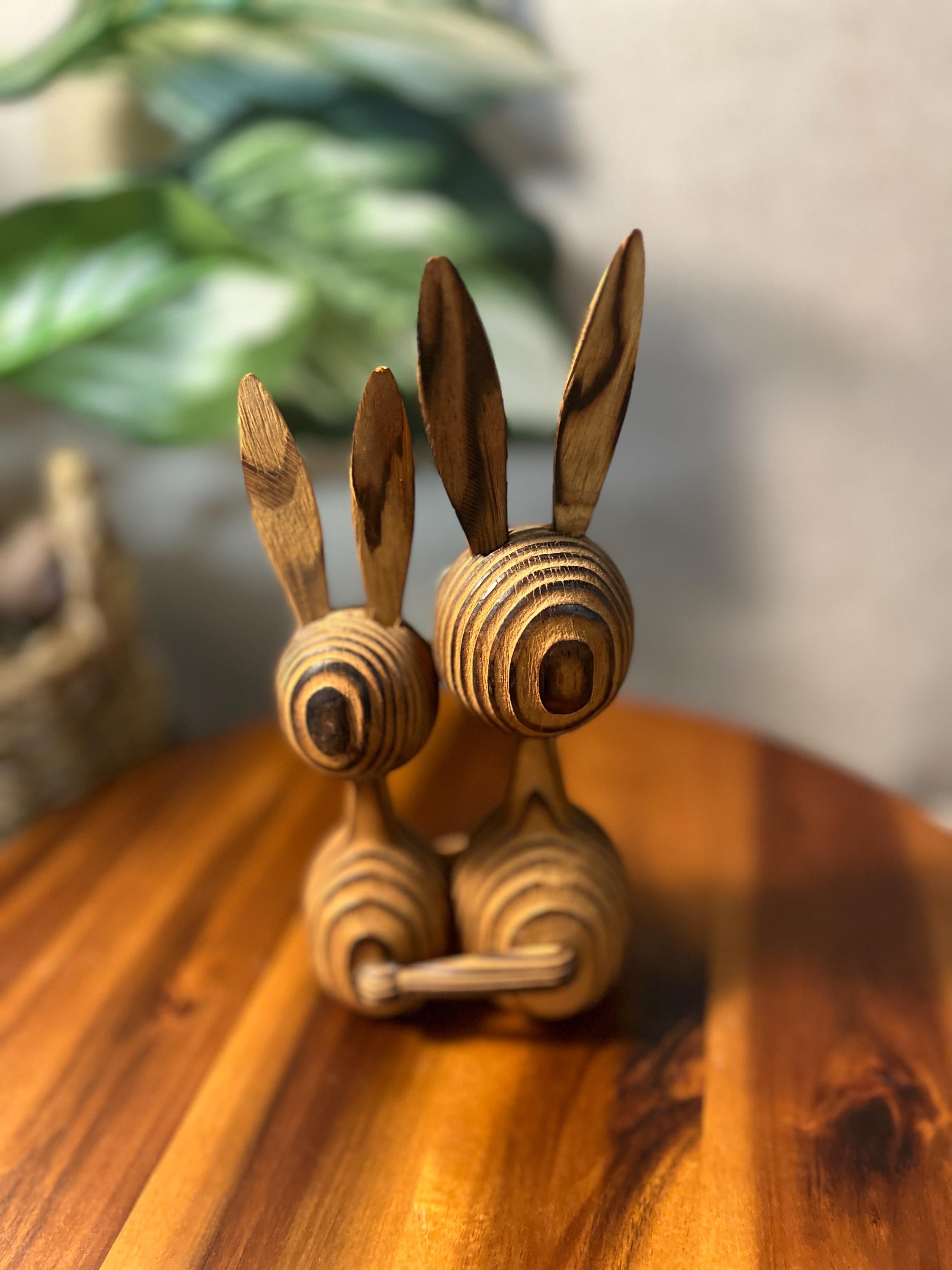 MCM Cryptomeria 2 Rabbits Wood Sculpture Hugging