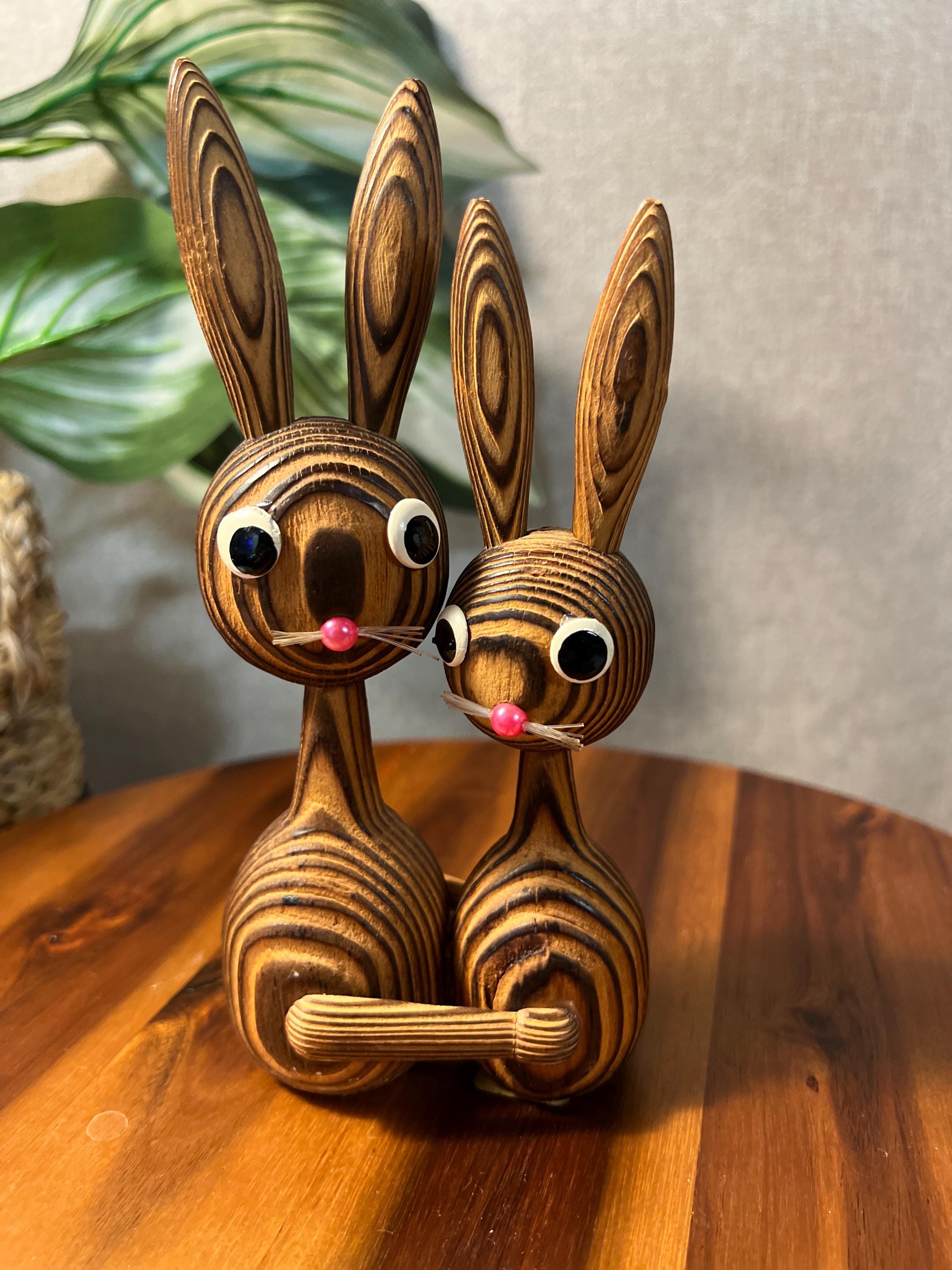 MCM Cryptomeria 2 Rabbits Wood Sculpture Hugging