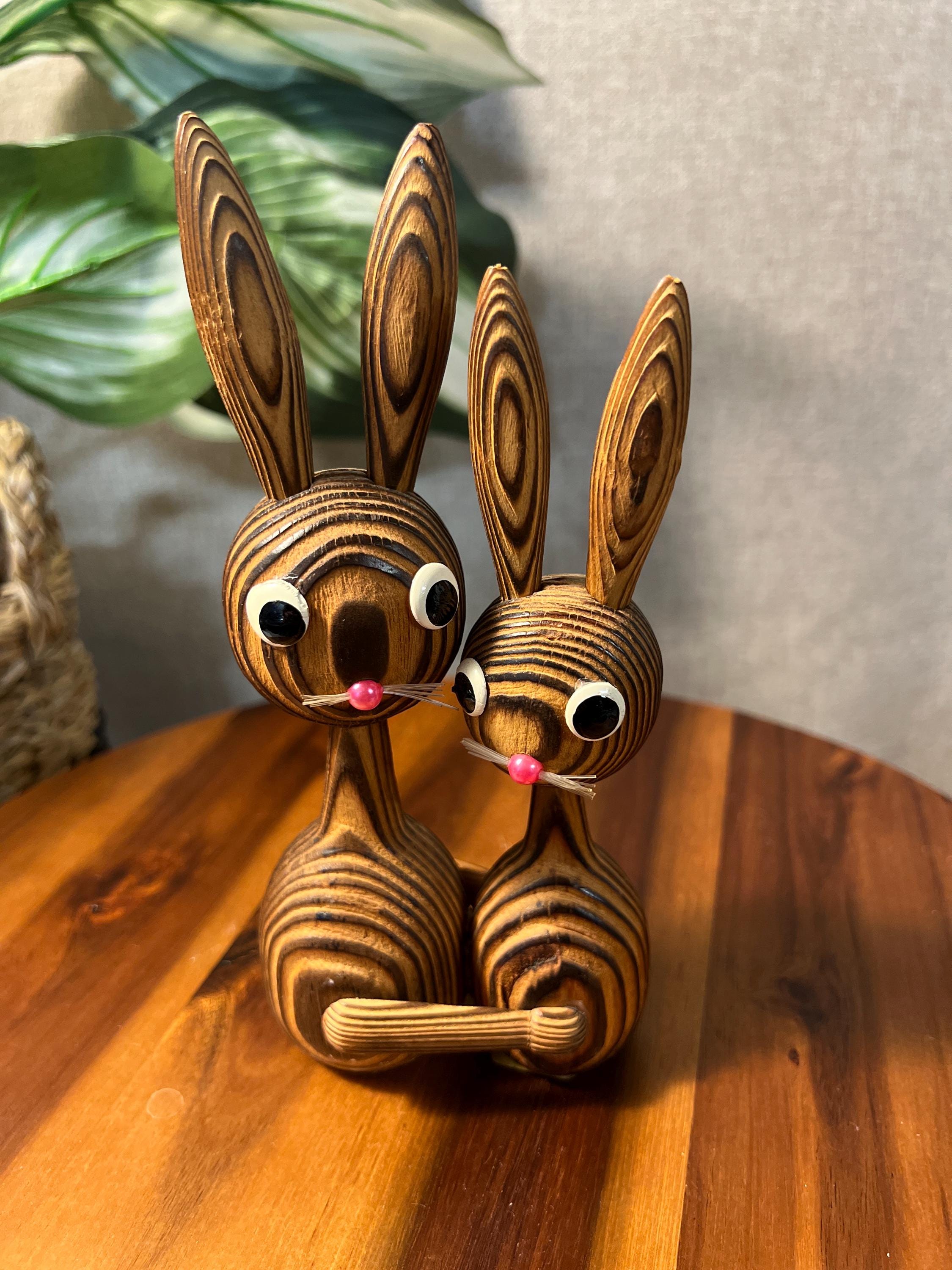 MCM Cryptomeria 2 Rabbits Wood Sculpture Hugging