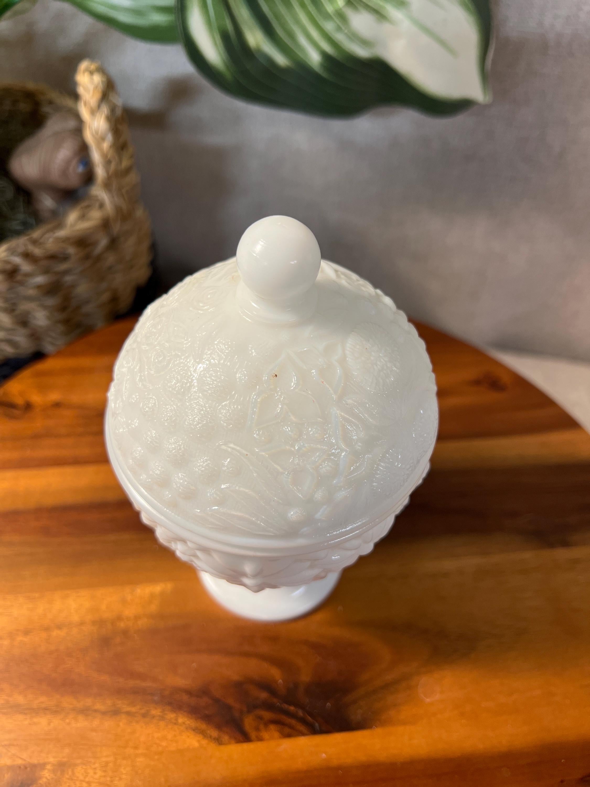 Vintage Avon Covered Candy Dish Apothecary Trinket Jar Milk Glass Flowers 1960s
