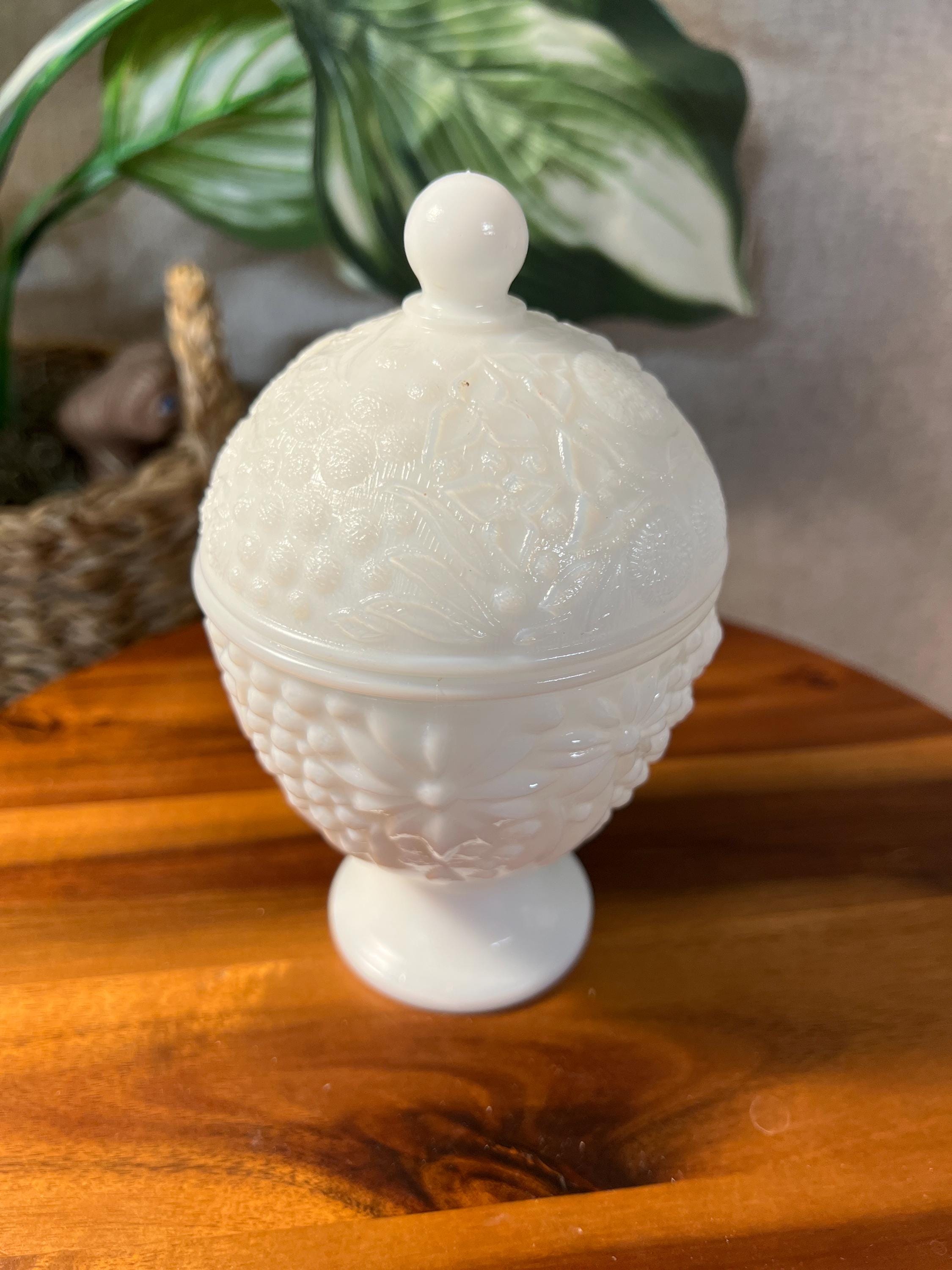 Vintage Avon Covered Candy Dish Apothecary Trinket Jar Milk Glass Flowers 1960s