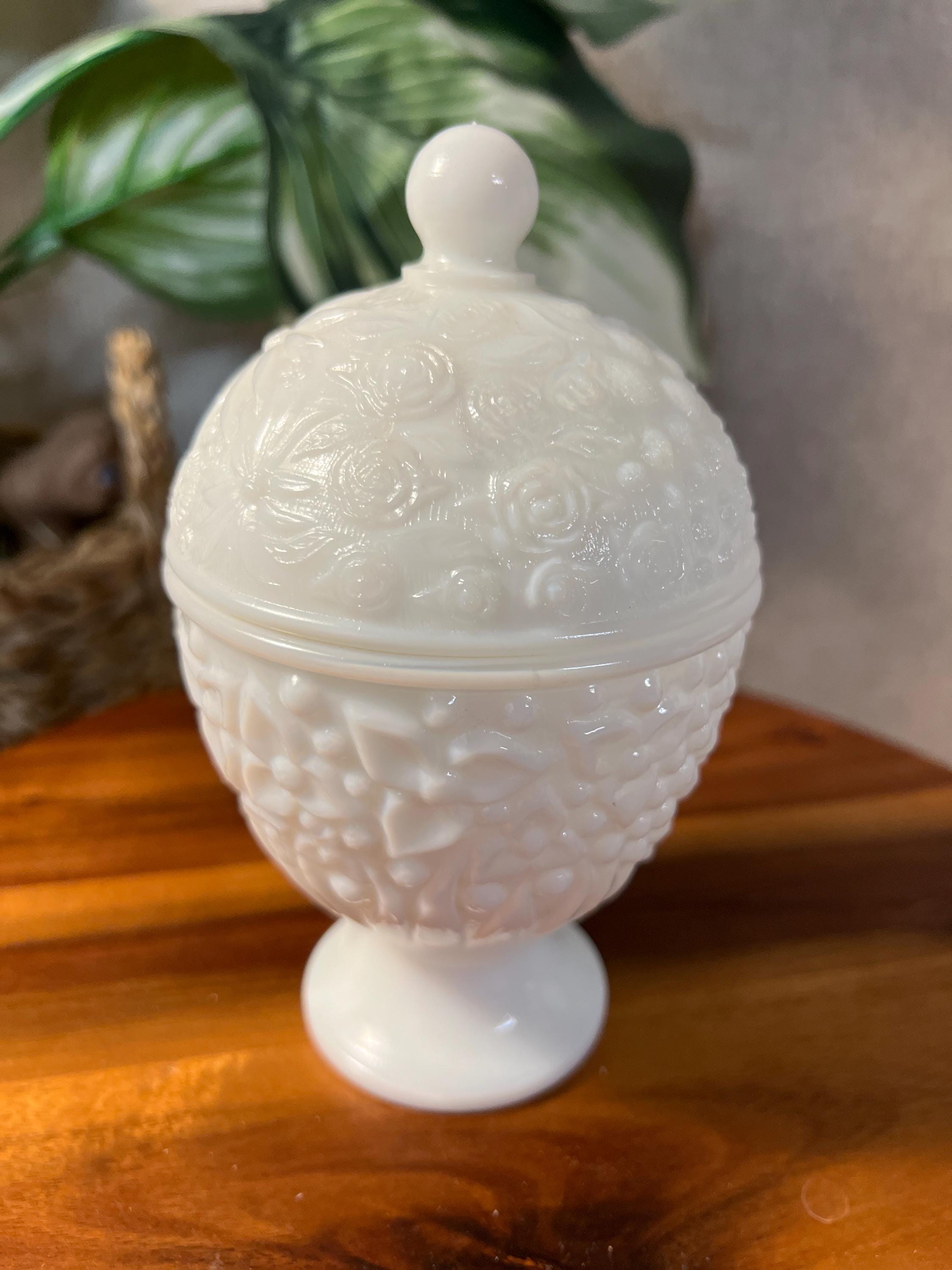 Vintage Avon Covered Candy Dish Apothecary Trinket Jar Milk Glass Flowers 1960s