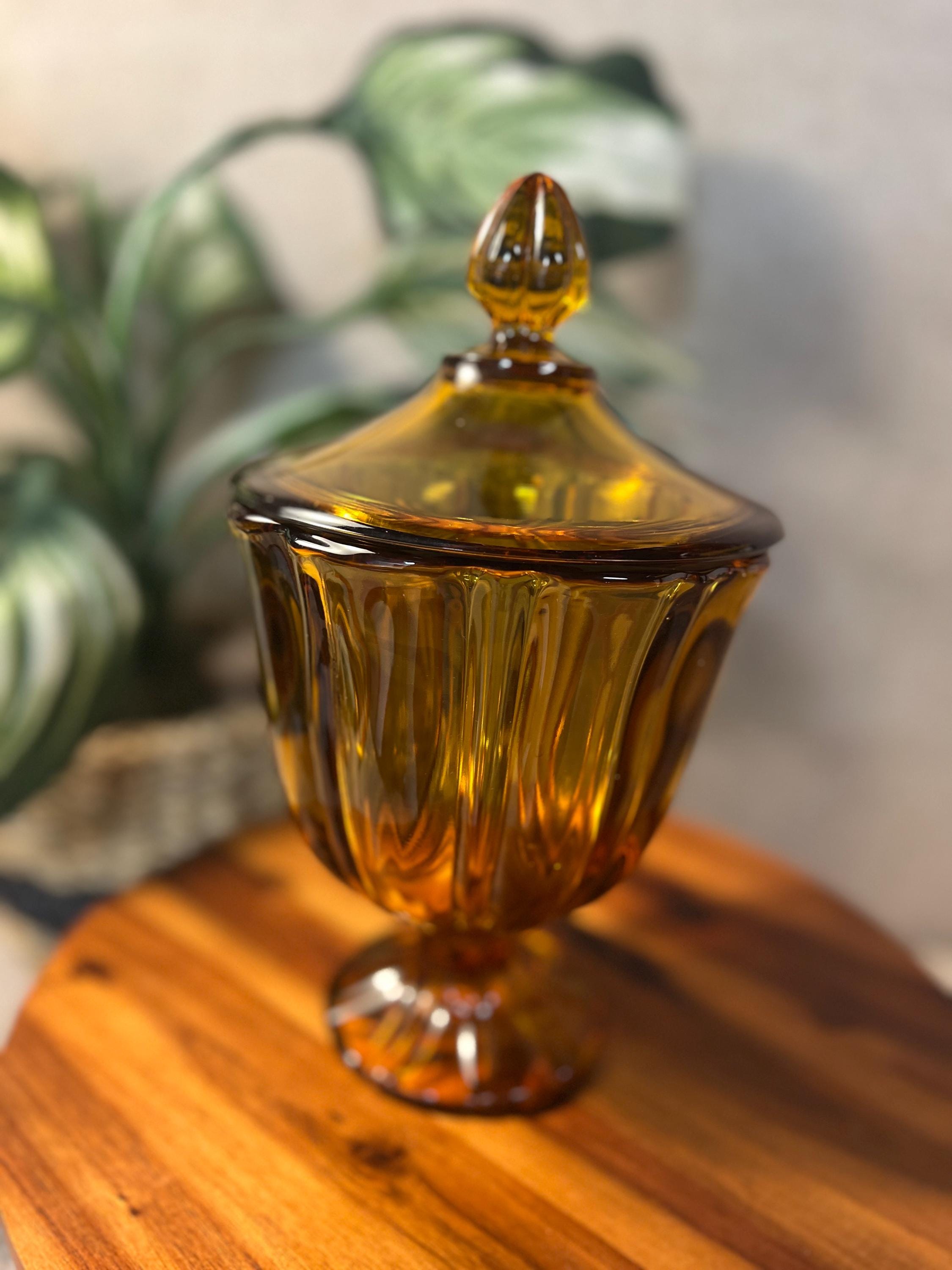 Vtg LE Smith Amber GLASS Covered Compote Candy DISH