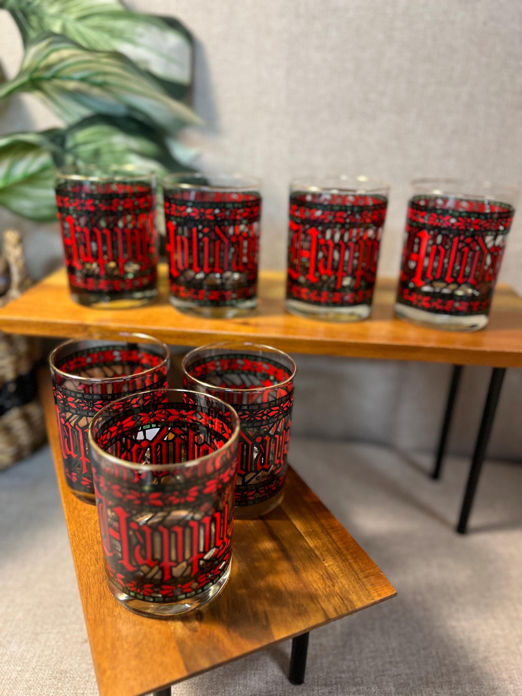 7 Houze Stained Glass Christmas Tumblers — 4" Happy Holidays Glasses