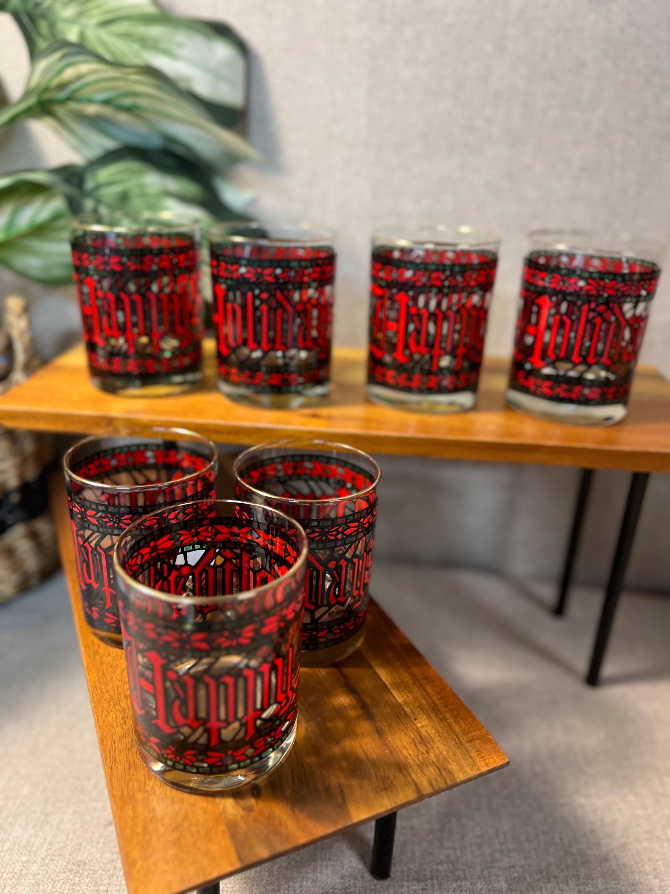 7 Houze Stained Glass Christmas Tumblers — 4" Happy Holidays Glasses