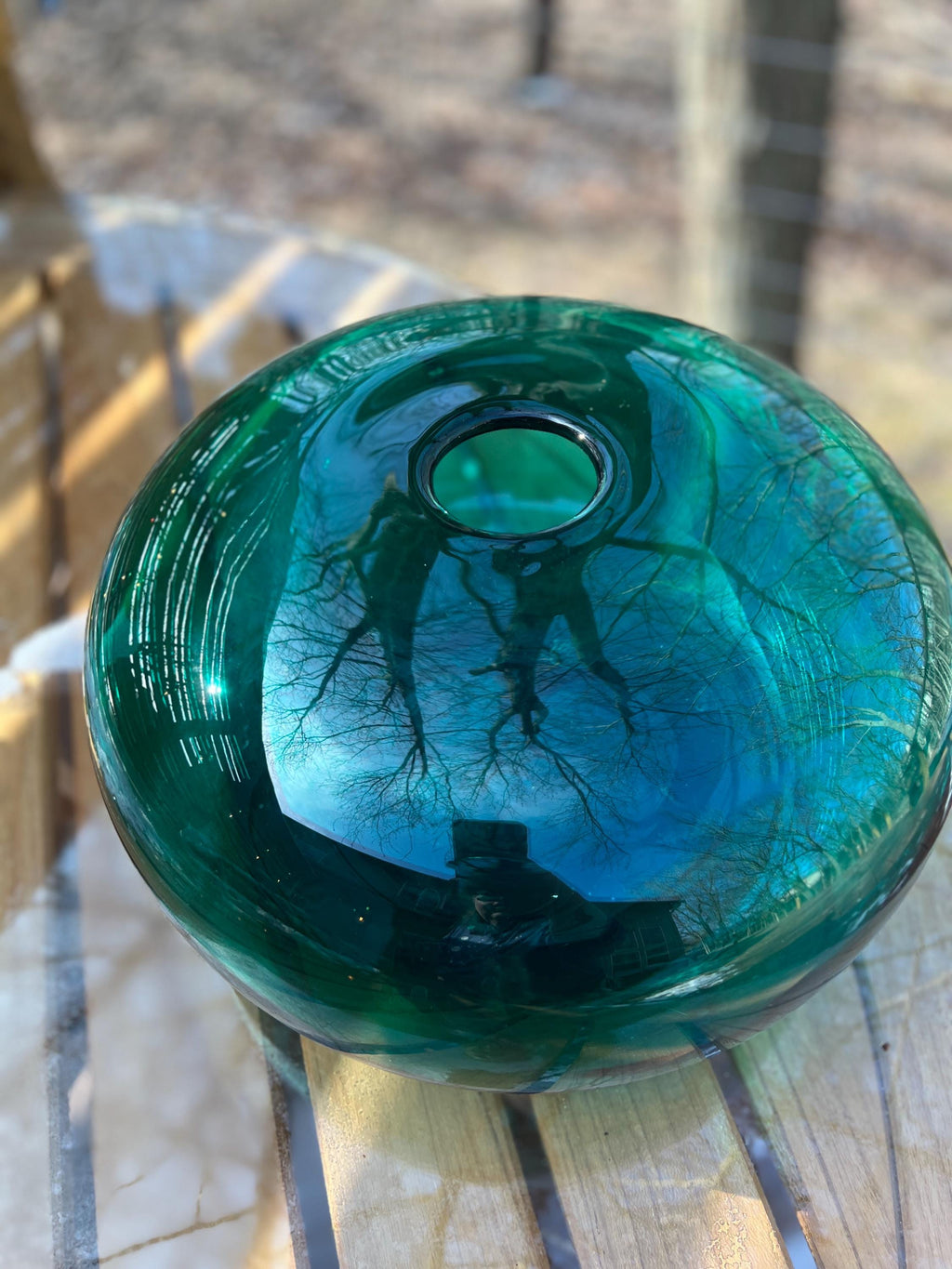 Vintage MCM Emerald Teal Green IKEA Stockholm Flat Orb Donut Vase 1990s 14w x 8.5t