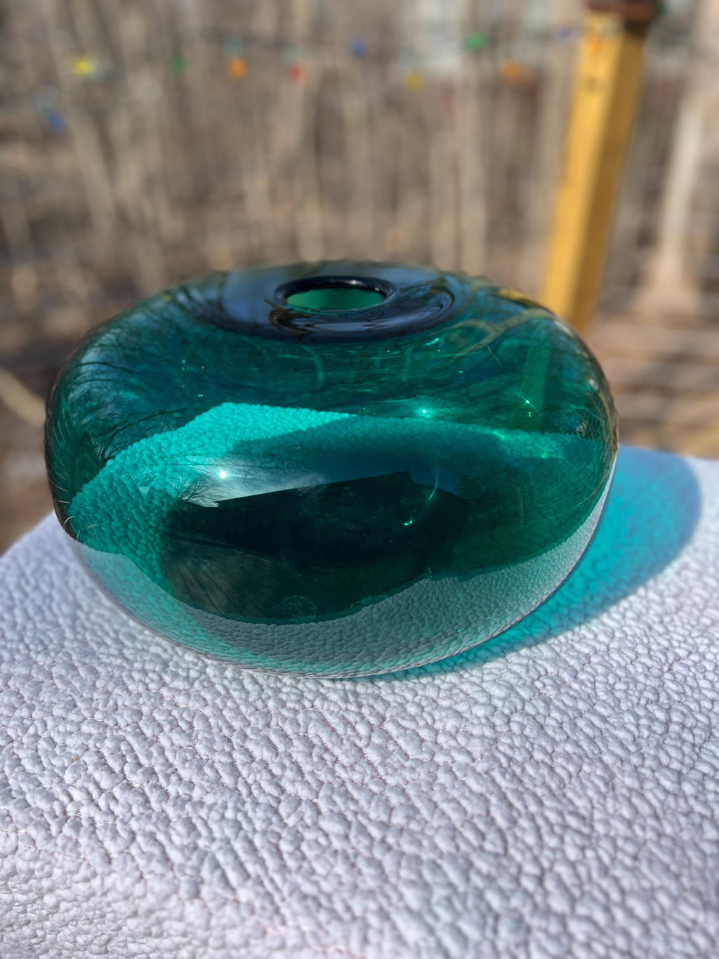 Vintage MCM Emerald Teal Green IKEA Stockholm Flat Orb Donut Vase 1990s 14w x 8.5t
