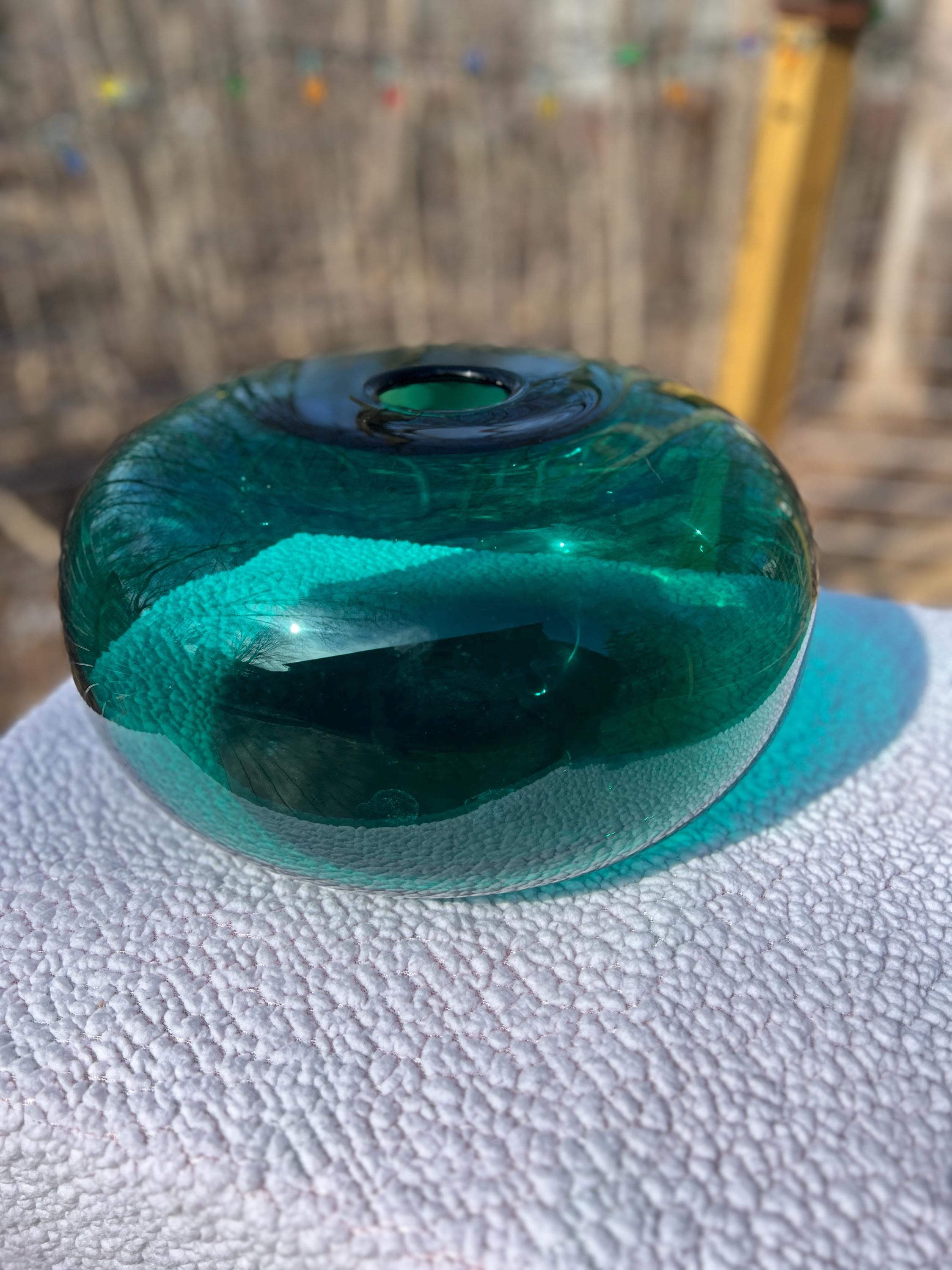 Vintage MCM Emerald Teal Green IKEA Stockholm Flat Orb Donut Vase 1990s 14w x 8.5t