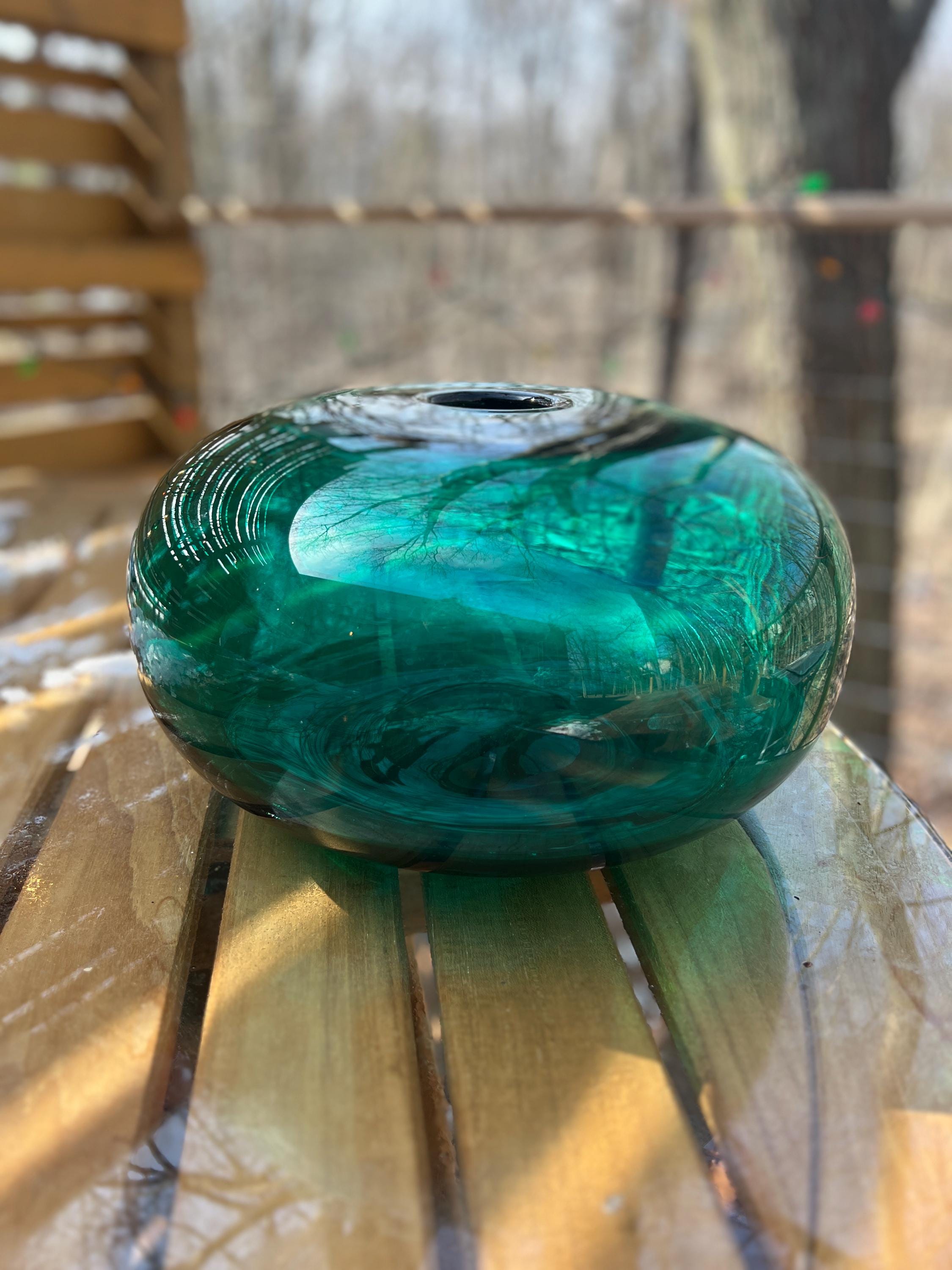 Vintage MCM Emerald Teal Green IKEA Stockholm Flat Orb Donut Vase 1990s 14w x 8.5t