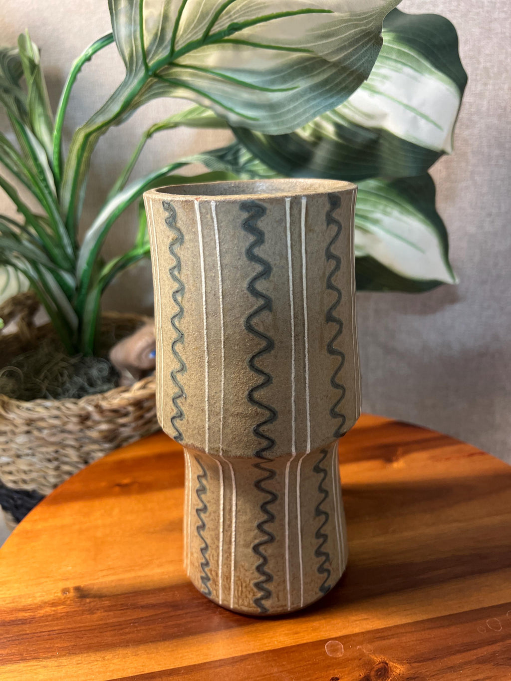 Mid Century Studio Art Pottery Tan Olive Green Modernist Vase Artist Sign